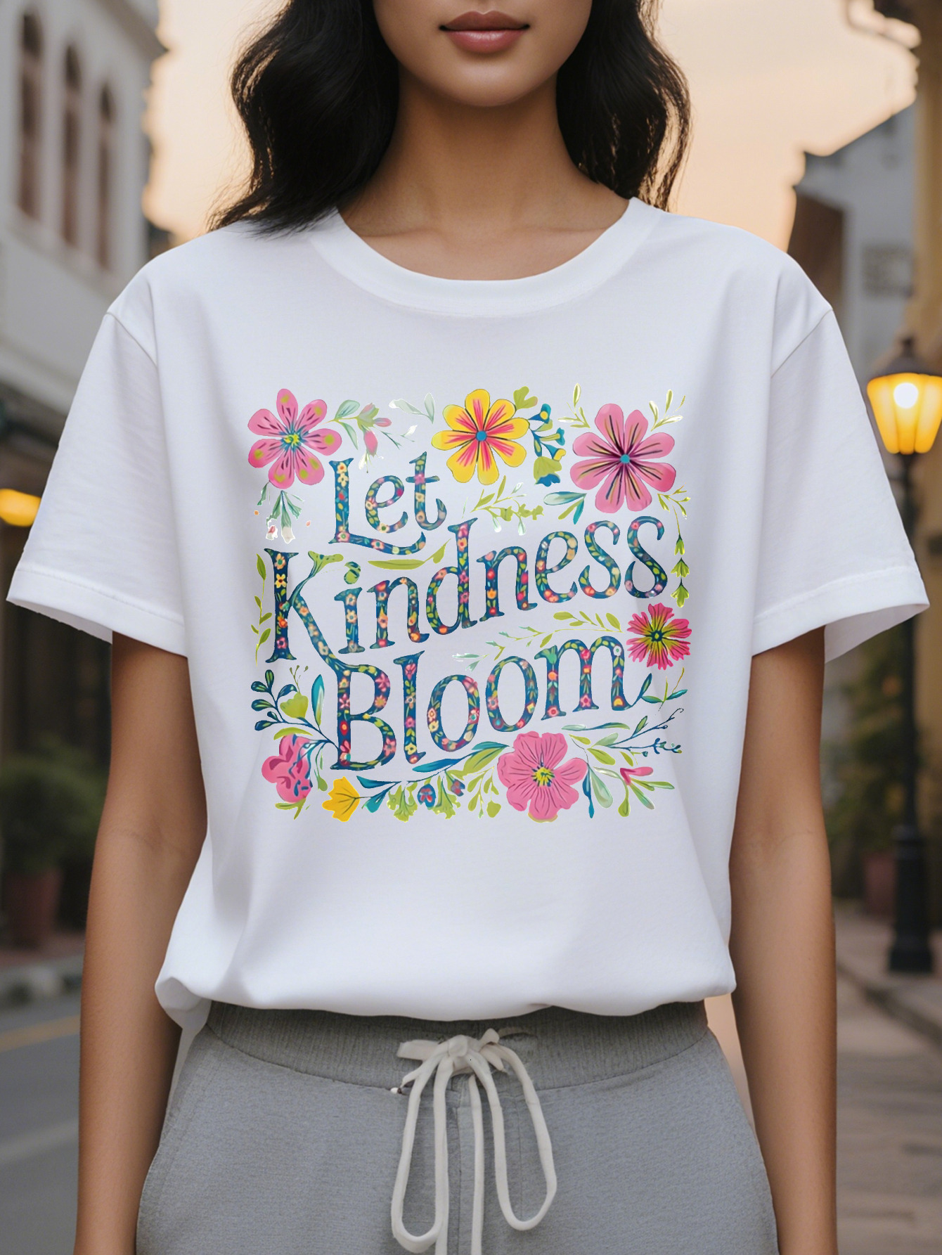 100% Cotton Women's Casual Crew Neck T-Shirt Let Kindness Bloom Print Regular Length All Season Fashion Top