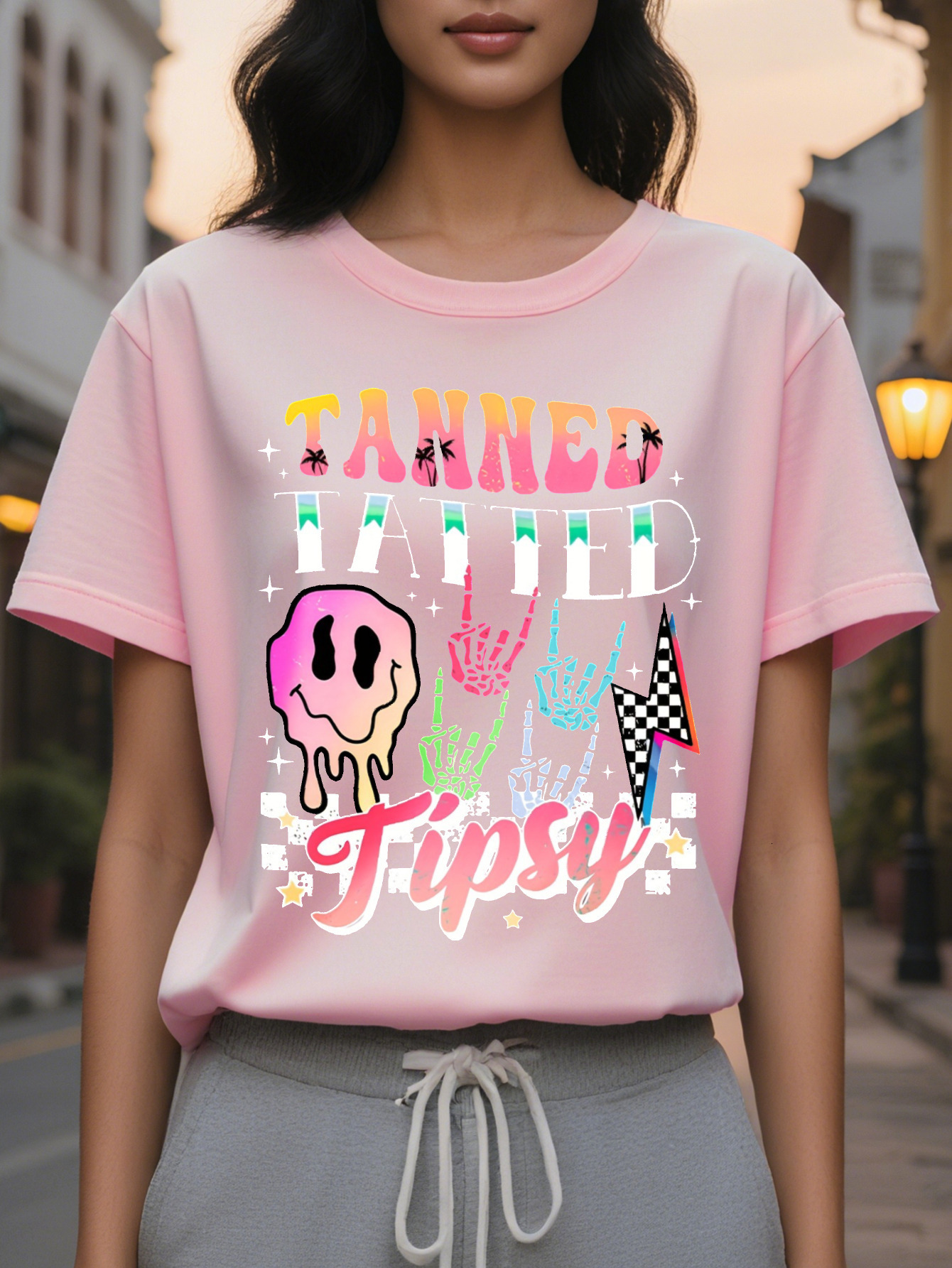 Women s Casual Short Sleeve T Shirt Double Sided Tanne Tattoo Tipsy Graphic Print Black with Colorful Lettering