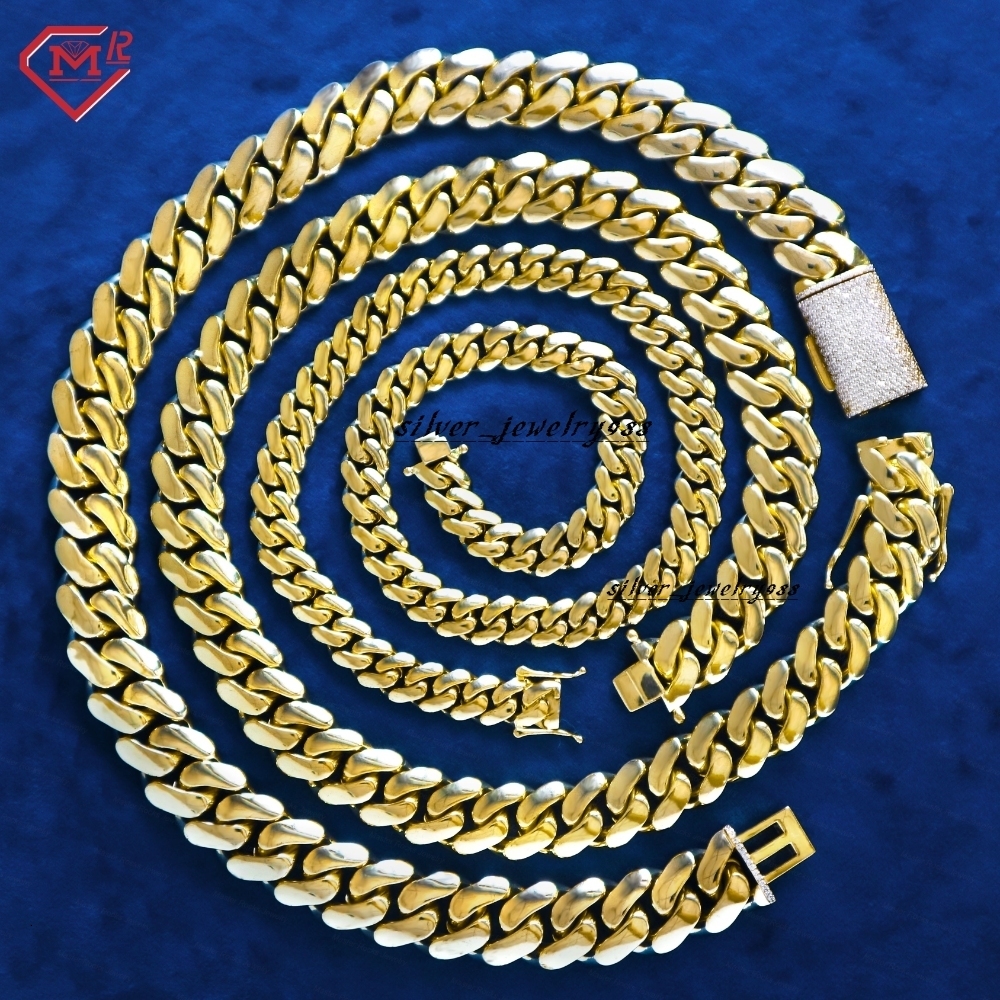Hiphop Miami Cuban Chain Iced Out 9mm Pure 925 Sterling Silver 14K Gold Plated Moissanite Cuban Link Chain