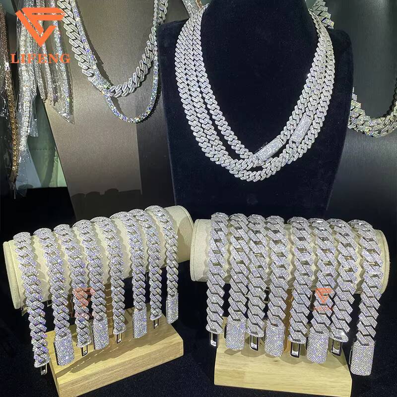 Lifeng Jewelry 10mm 2rows Moissanite Chain VVS Moissanite Diamond Cuban Link Chain Ice Out Hiphop 925 Silver Cuban Link Necklace