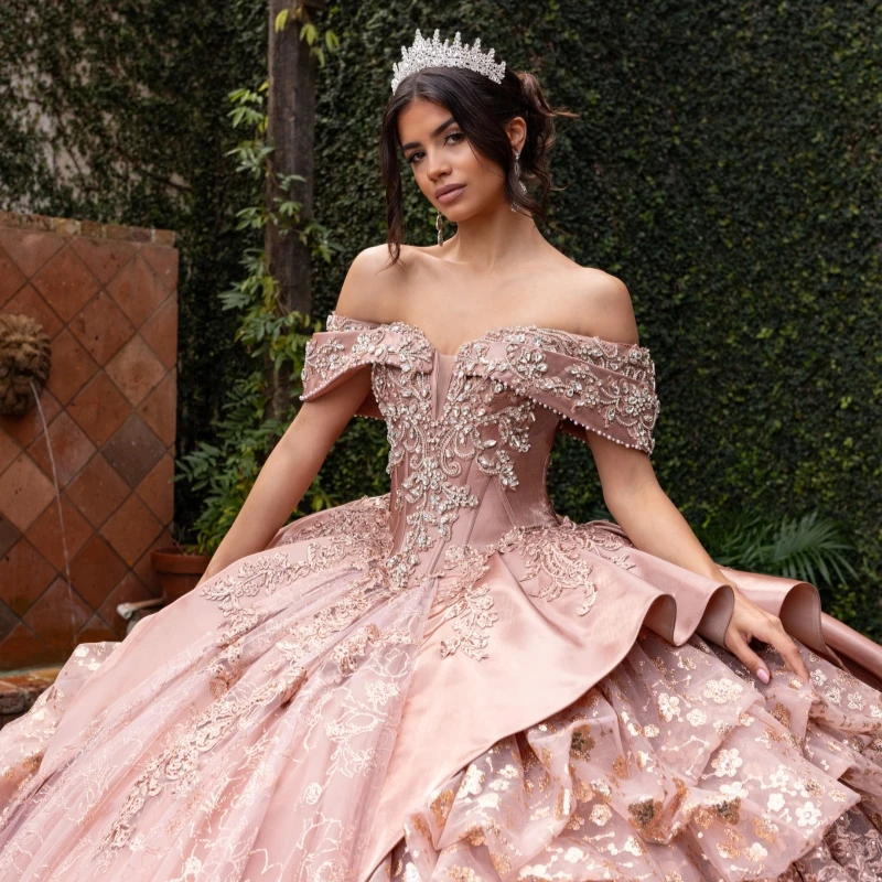 Pink Shiny Quinceanera Dresses Ball Gown Off The Shoulder Applique Lace Beading Crystal Tull Sweet 16 Dress Vestidos 15 Anos