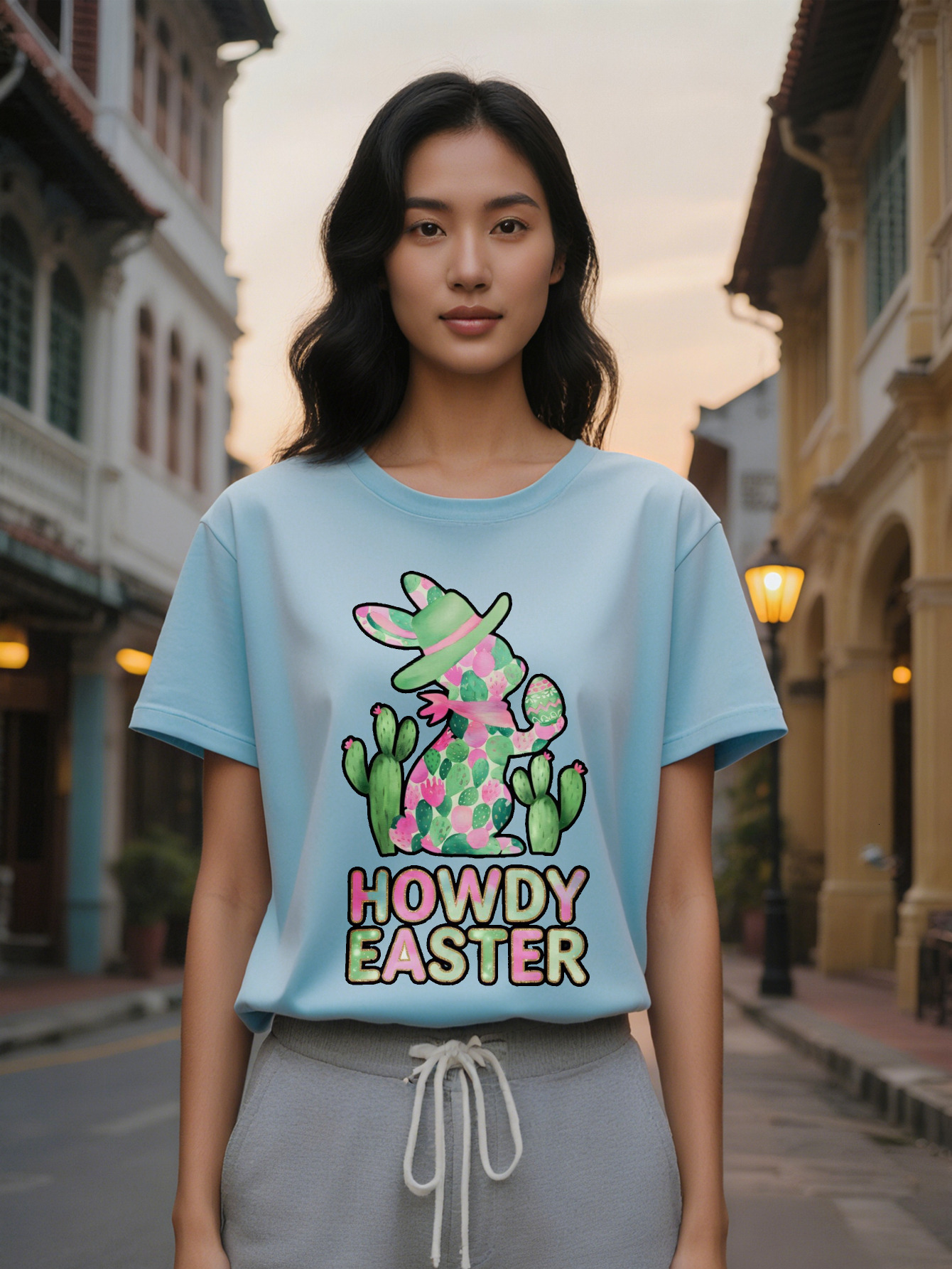 Large XL Women's Casual Crew Neck T-Shirt with Howdy Easter Print Black Short Sleeve Graphic Tee Lightweight Blend Regular Fit Plus Size