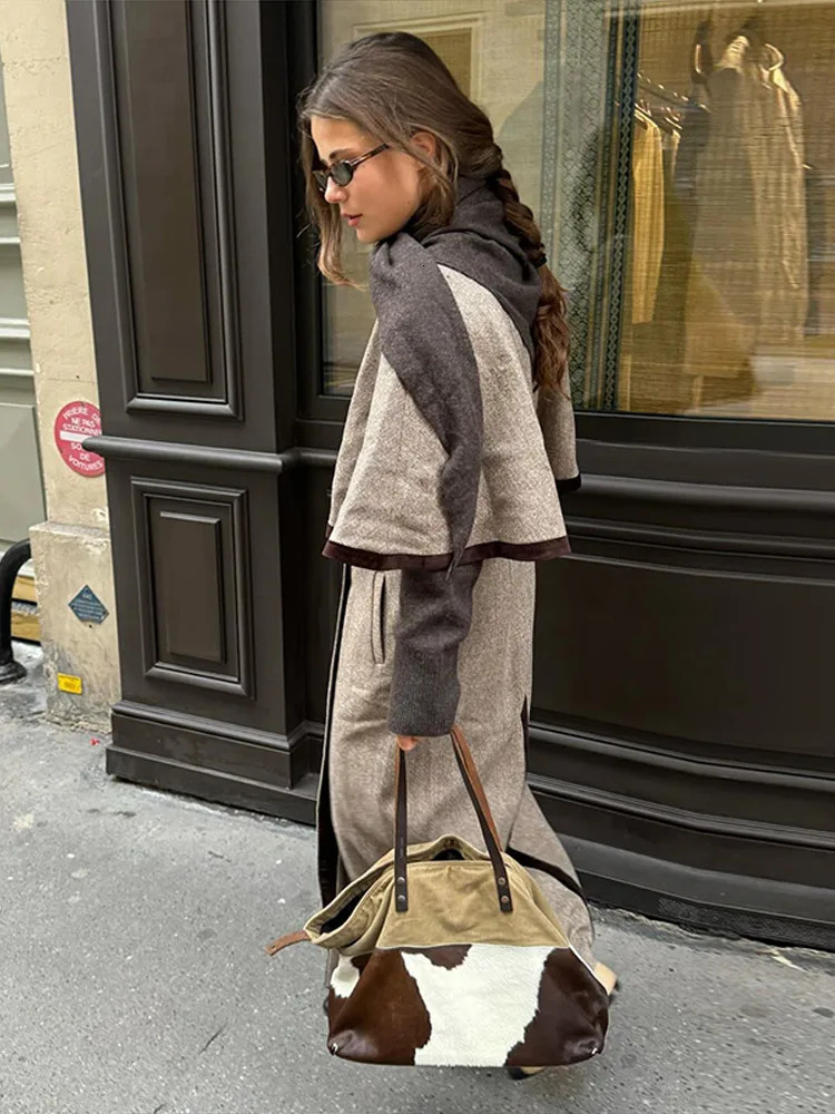 Vintage CapeOverlay Maxi Wool Blend Coat Long Trench Outerwear For Women Elegant Loose Fit Autumn High Street Fashion Outfit 250904