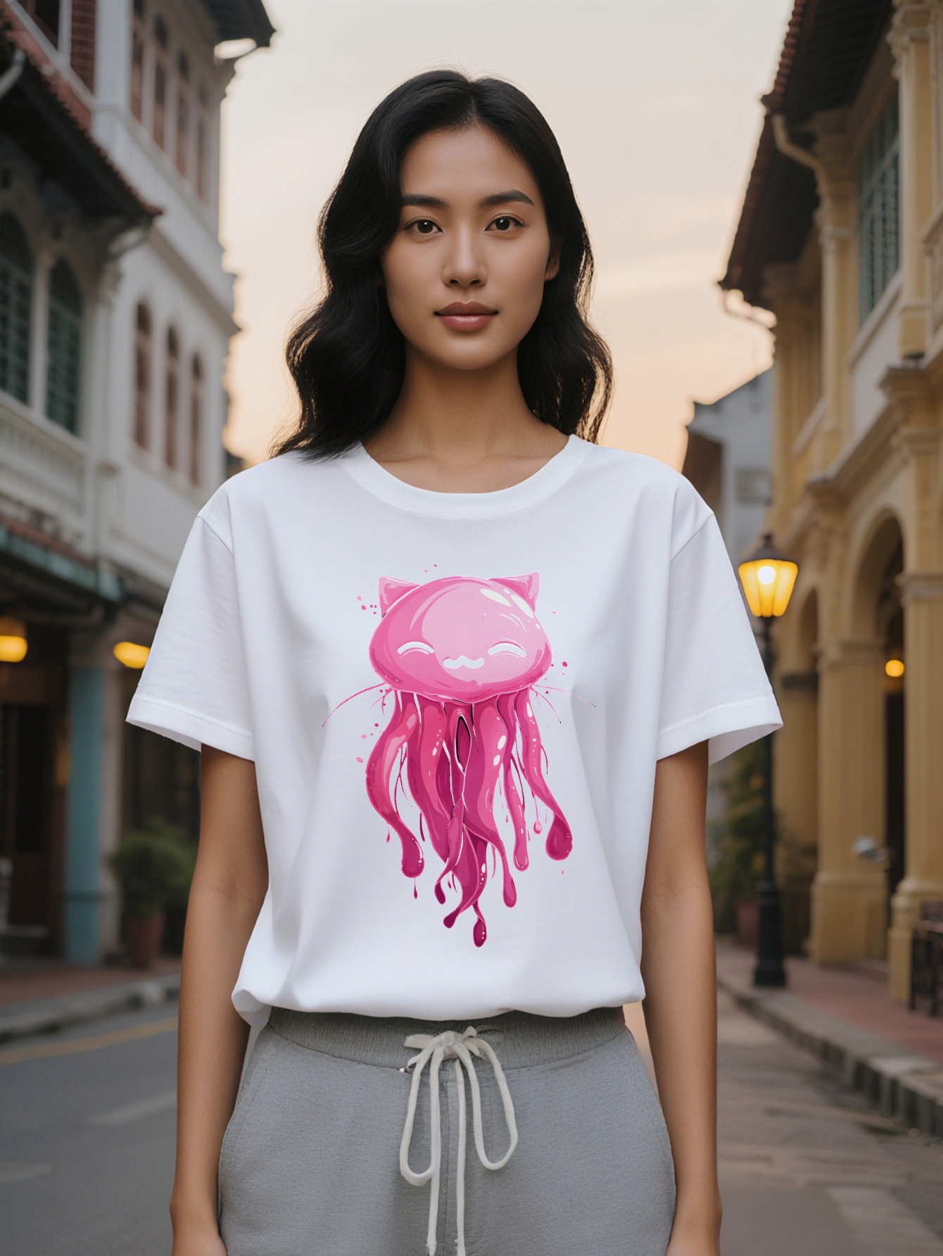 Lady Casual Crew T-Shirt with Unique Pink Jellyfish Cat Print Soft Fabric Round Neck Short Sleeve Summer