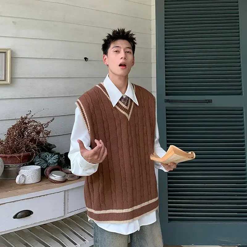 Knit Sweater Male Vest Sleeveless Aesthetic Mens Clothing Waistcoat V Neck Y2k Vintage Brown Korean 2024 Autumn Winter ClothesXJ250904