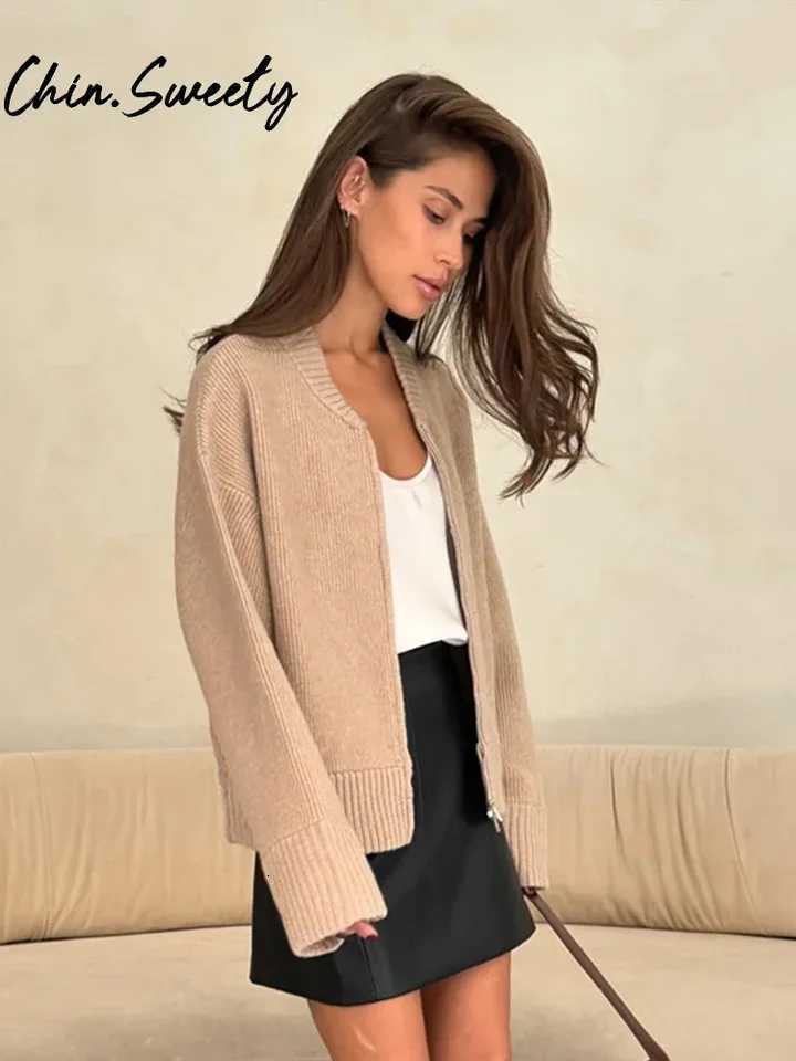Vintage Knit Women Cardigan Casual Full Slve Zipper O Neck Pleated Solid Lady Sweater 2025 Autumn Fashion Female Knitwear S250904