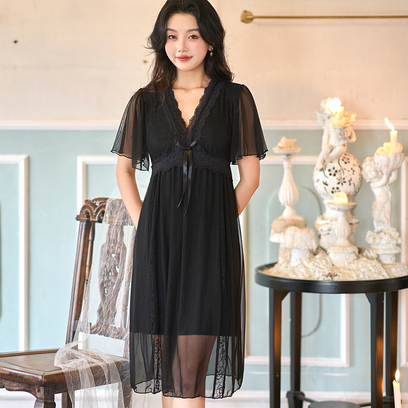 T24280 Lace Nightdress Women's Summer Thin Style Age-reducing Girls Home Short-sleeved Pajamas