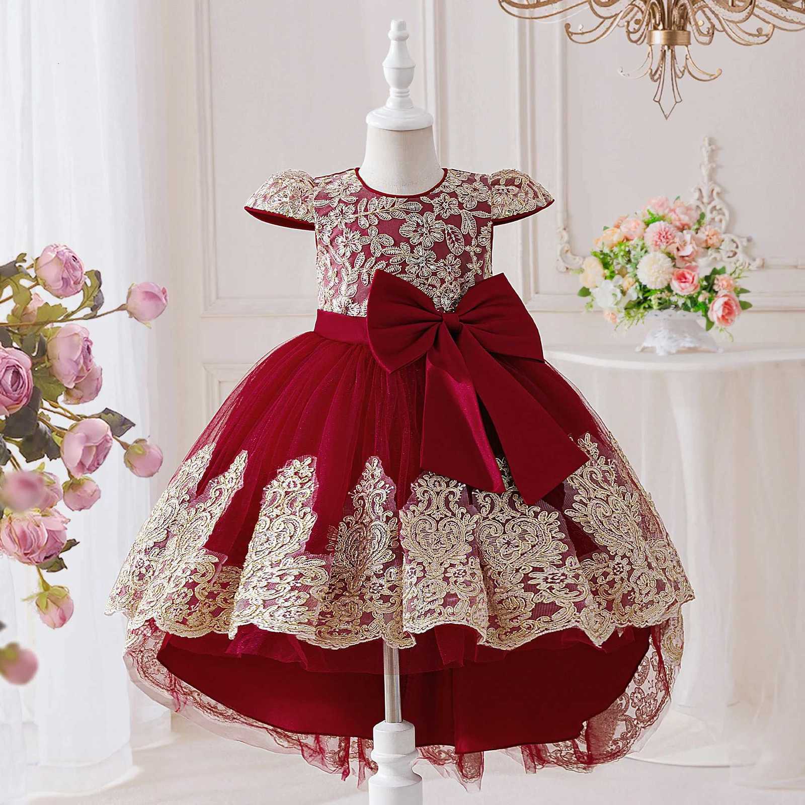 Elegant Embroidery Bow Bridesmaid Party Girls Dress with Trailing Flower Wedding Birthday Princess Dresses Girl Evening Prom Gowns Z250904
