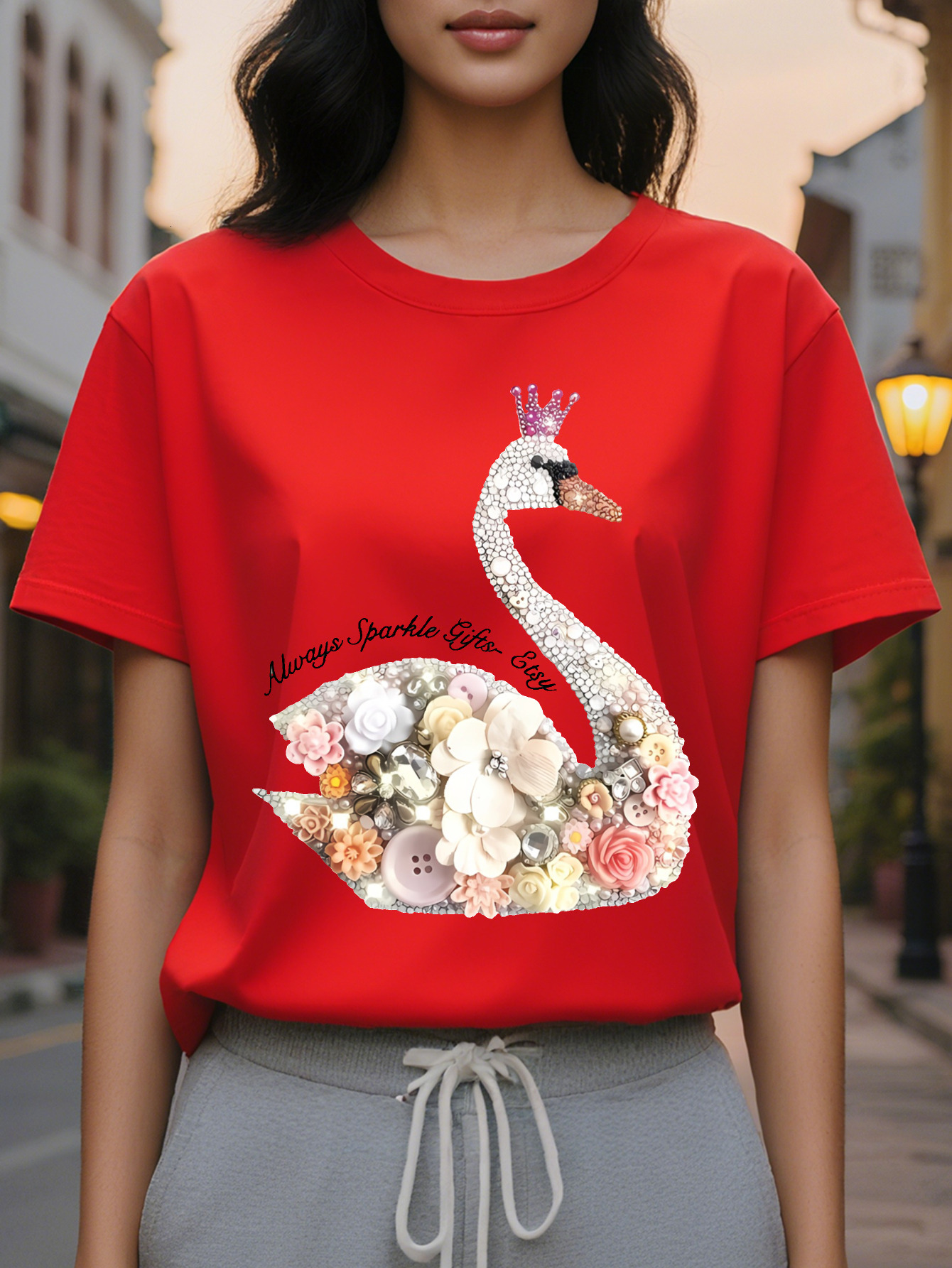 Women S White T Shirt with Sparkling Swans Floral Print Short Sleeve Round Neck Casual Top Soft Cotton