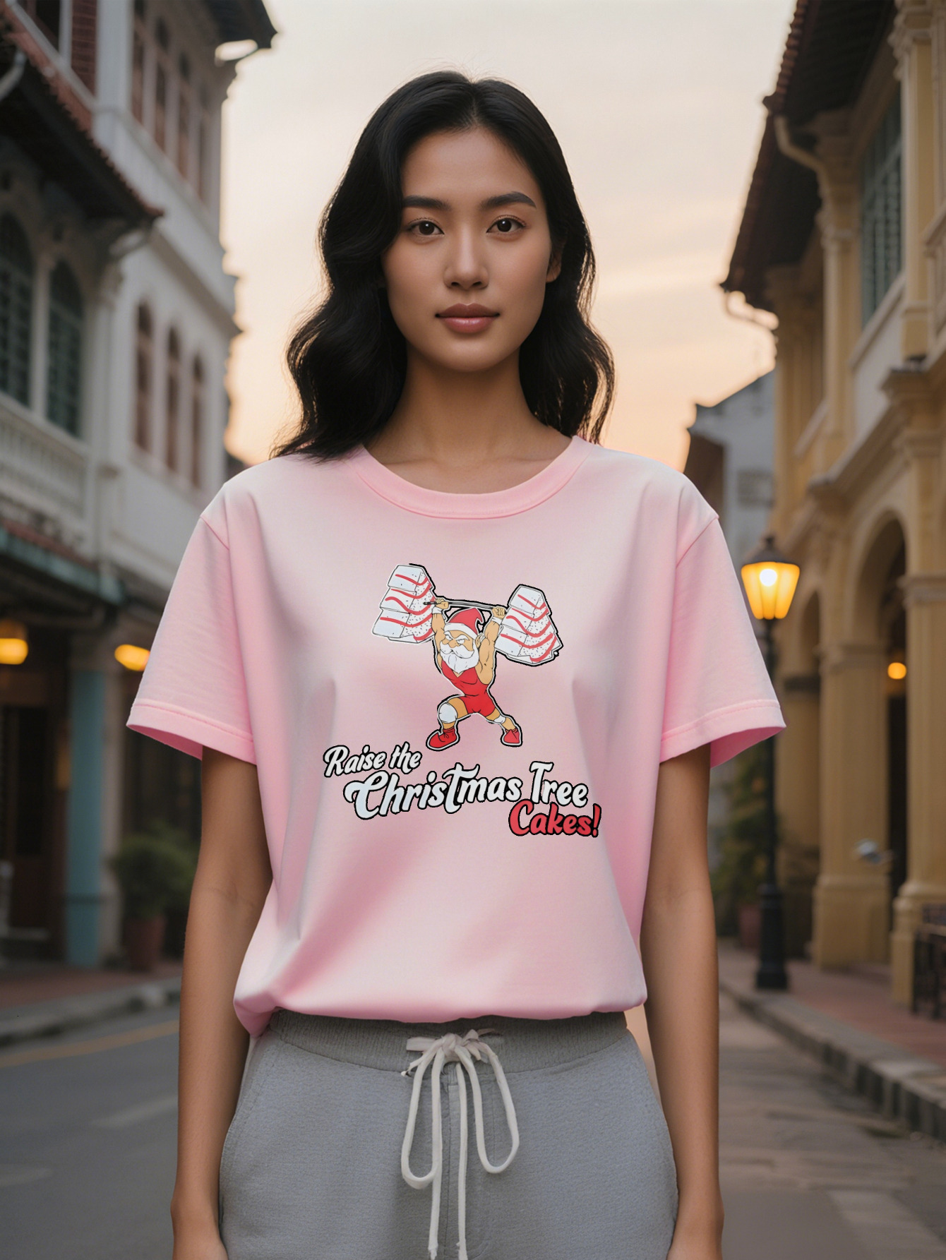 Casual Santa Claus Graphic T-Shirt Black Humor Design with Raise the Christmas Tree Slogan Lightweight Summer Round