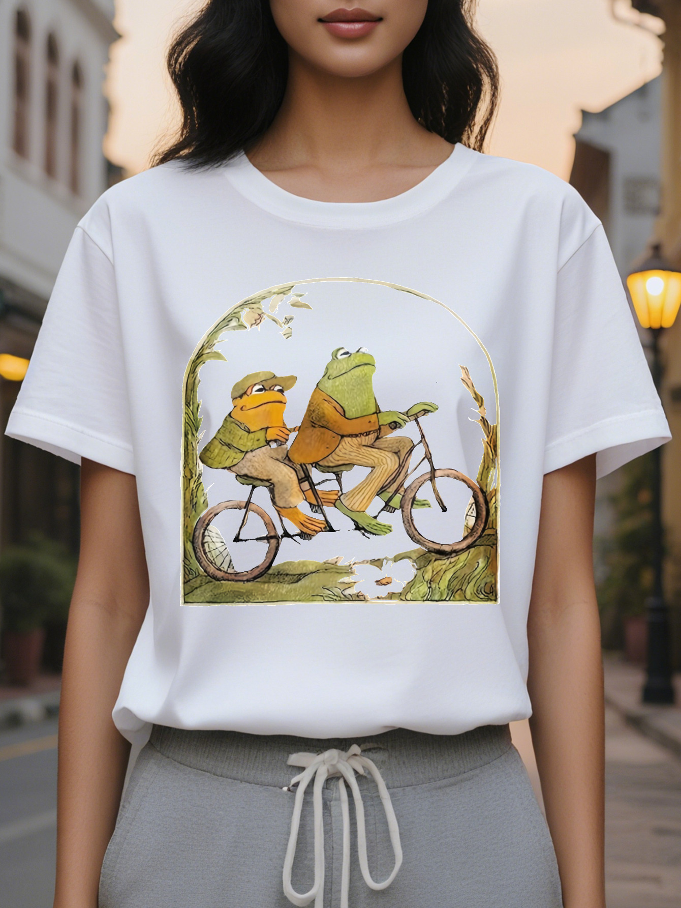 Cartoon Frog Print Crew Neck T-Shirt Casual Short Sleeve Top for Spring Summer Women's Clothing