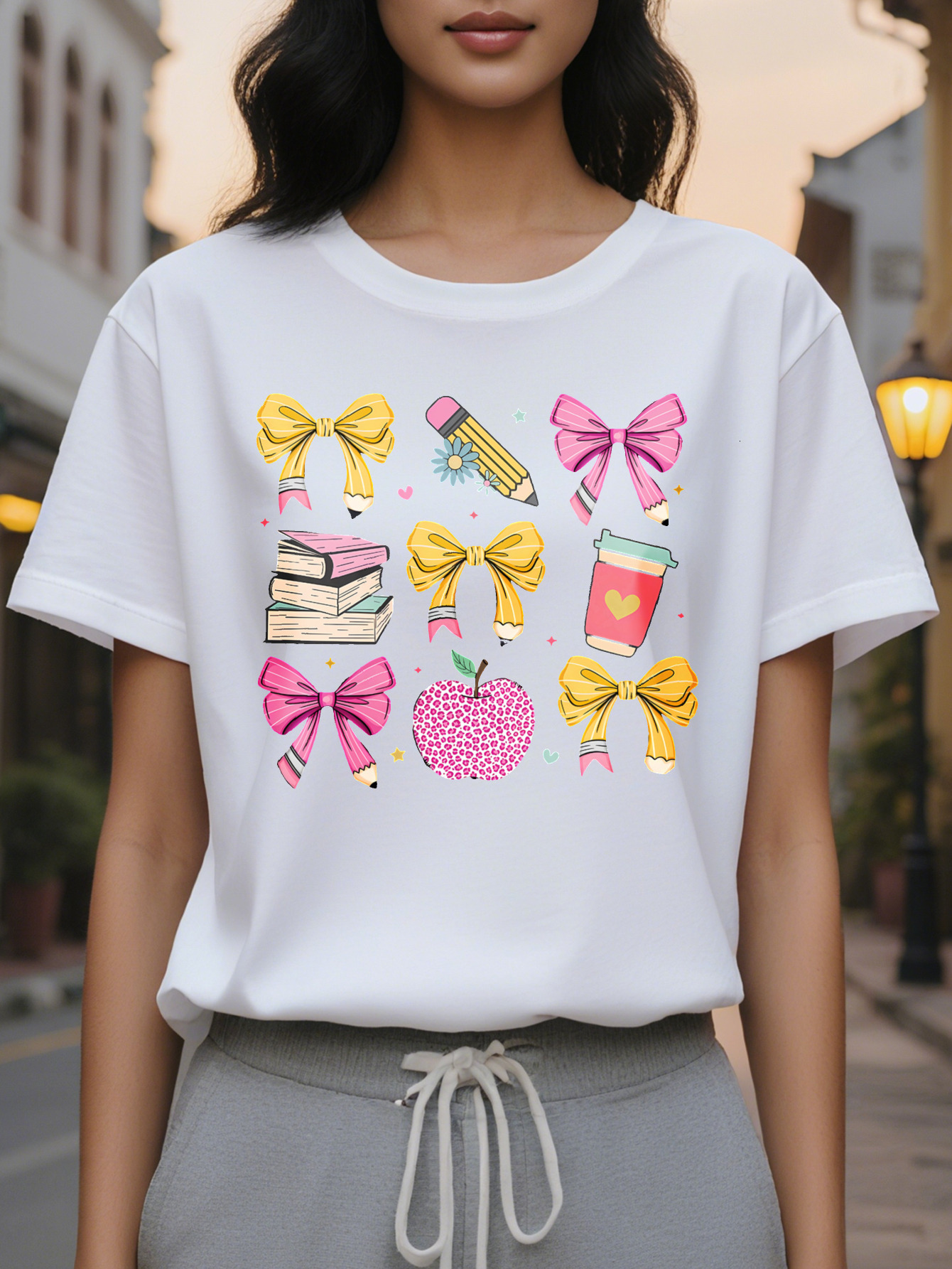 Women's Black Teacher Themed Short Sleeve T-Shirt with Pencil Apple Pattern and Polka Dot Bow Heart Shaped Details