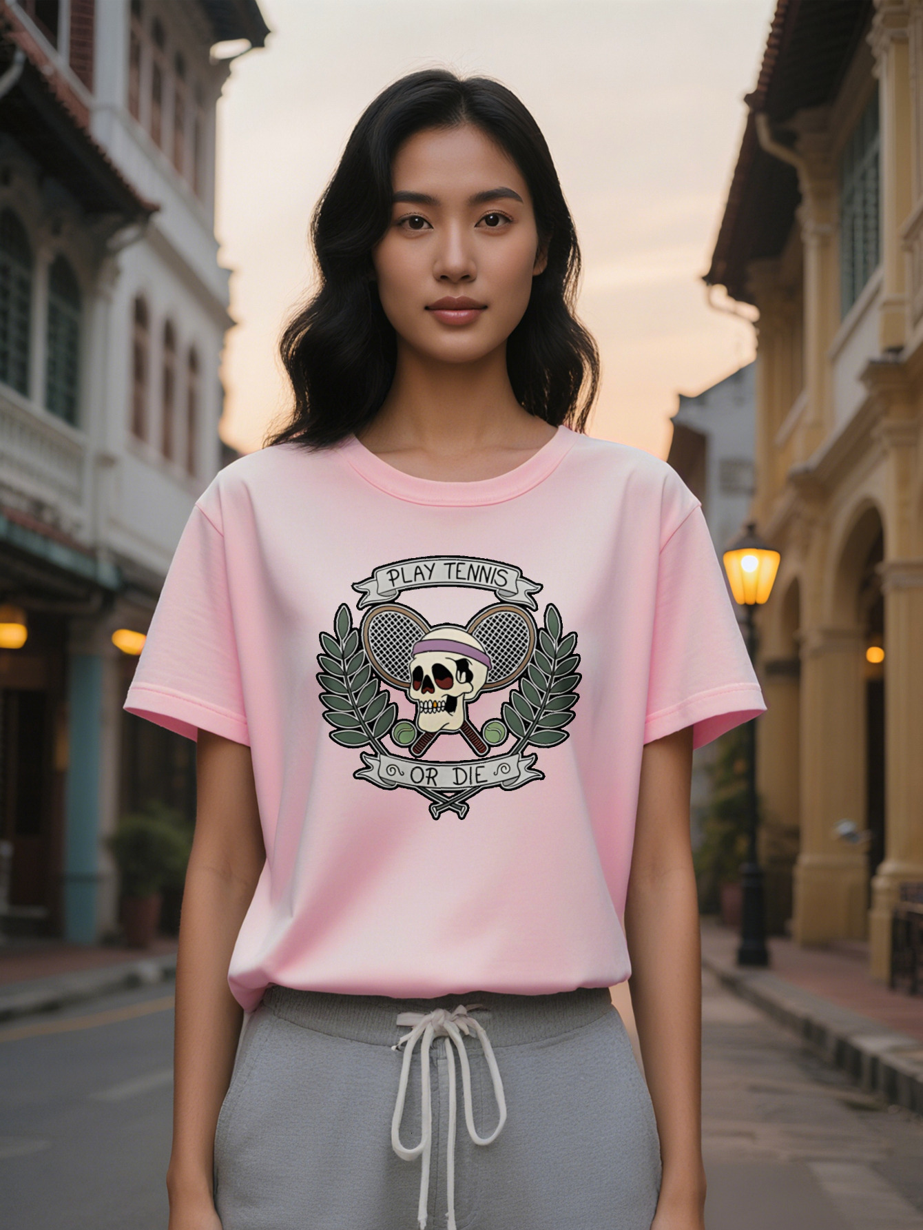 Large XL Women's Casual Crew Neck T-Shirt with Graphic Play or Die Design Purple Headband Lightweight Stretchy Perfect Plus Size