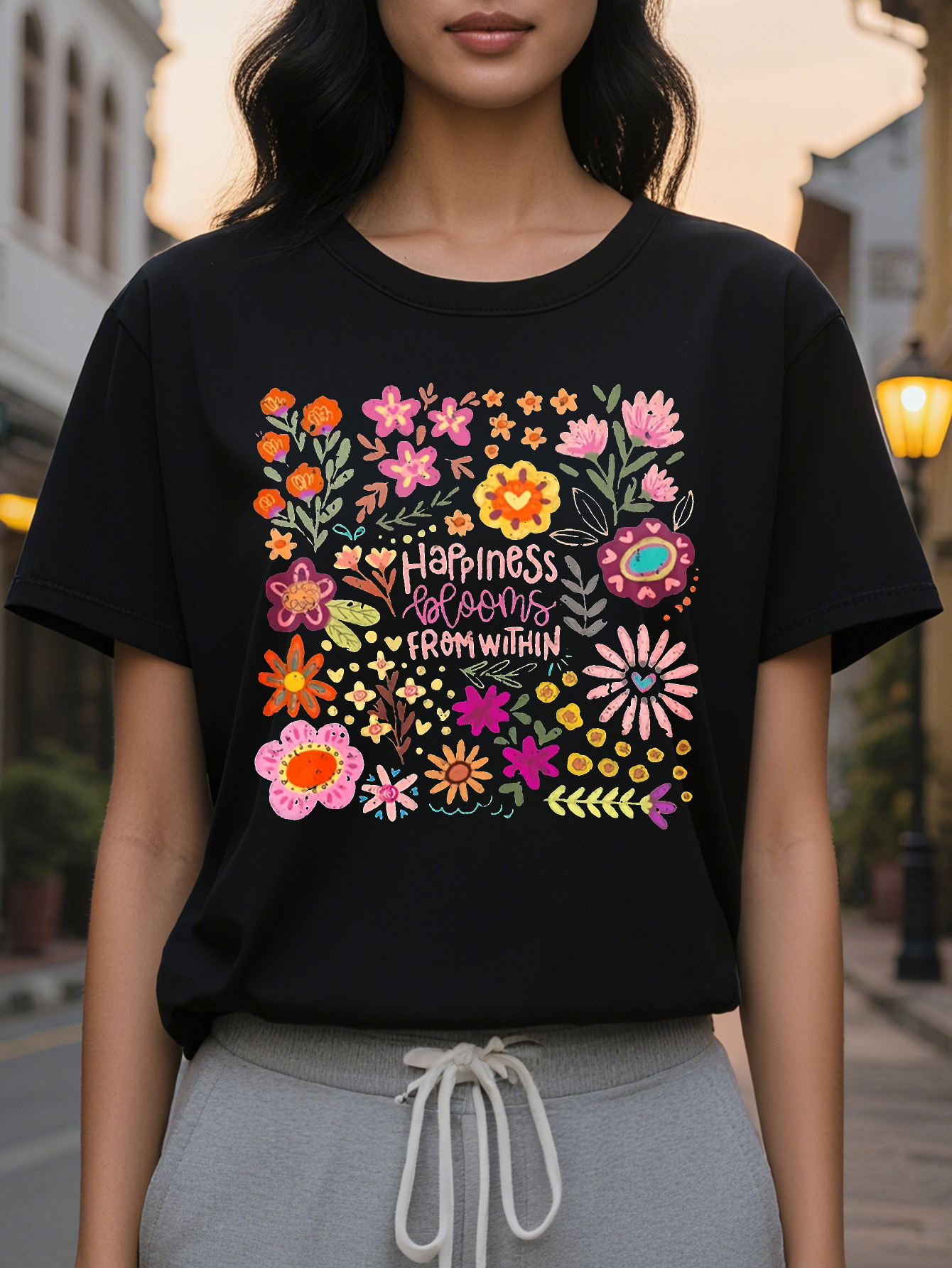 Large XL Women S Casual Floral Print Round Neck Short Sleeve T-Shirt Happiness Is Within Motivational Quote Dark Gray With Plus Size