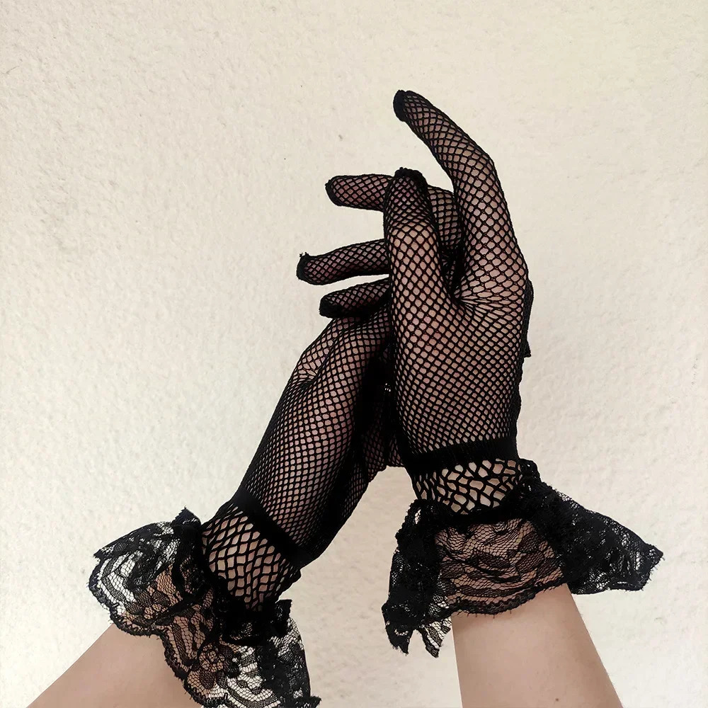 Black White Summer Uvproof Driving Gloves Female Thin Fishnet Mesh Gloves Fashion Ruffle Full Finger Lace Mittens250904