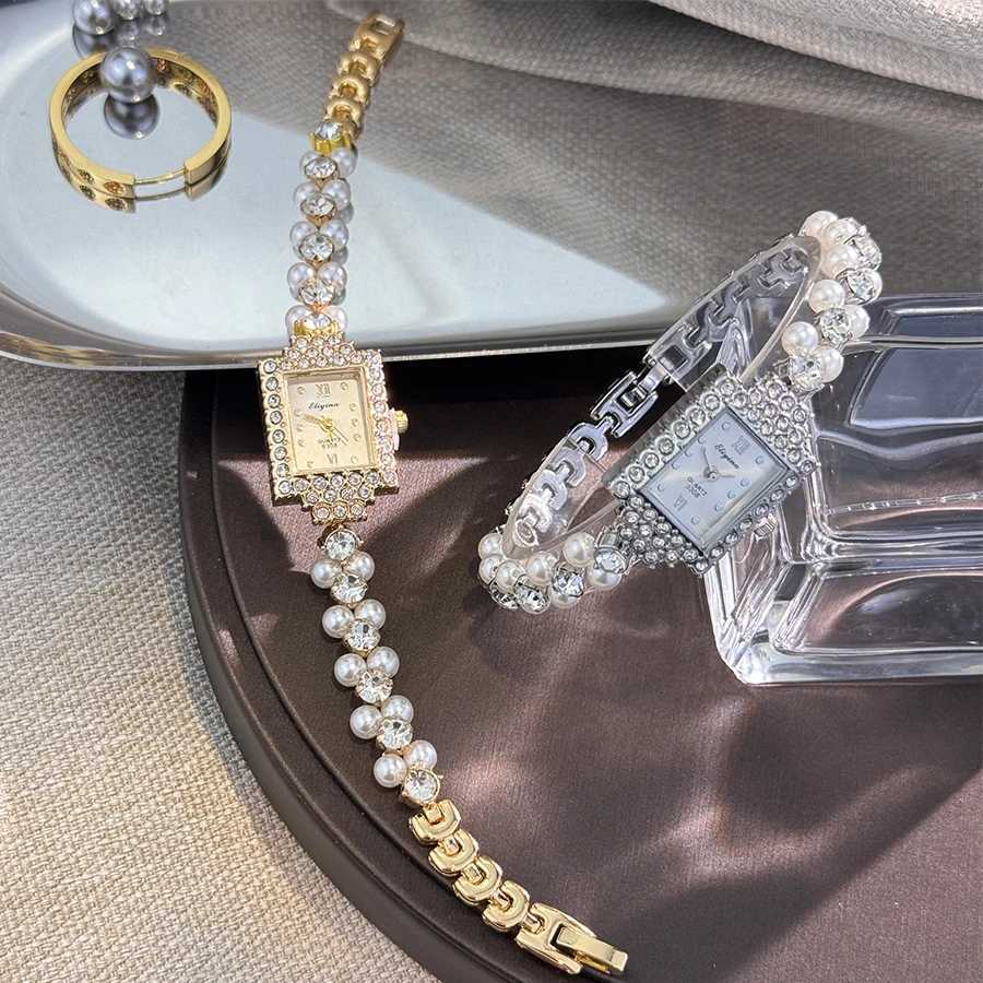 French Rantic DoubleRow Exquisite Small Pearl Bracelet Watch Square DiamondEncrusted Light Luxury Ladies Quartz Watch X250904