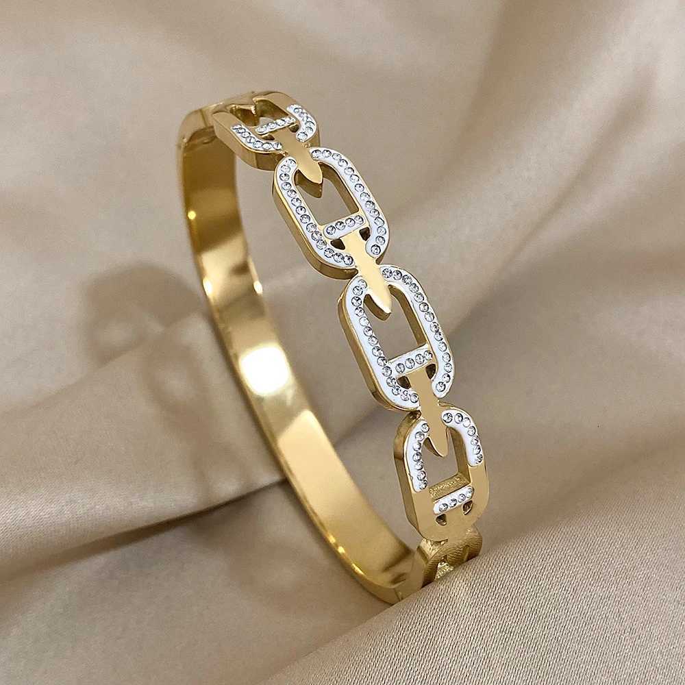 Fashion Hollow Circle Link Bracelet Bangle for Women Geometric Stainless Steel Enamel Rhinestone Cuff Bracelets Jewelry Gifts Y250904