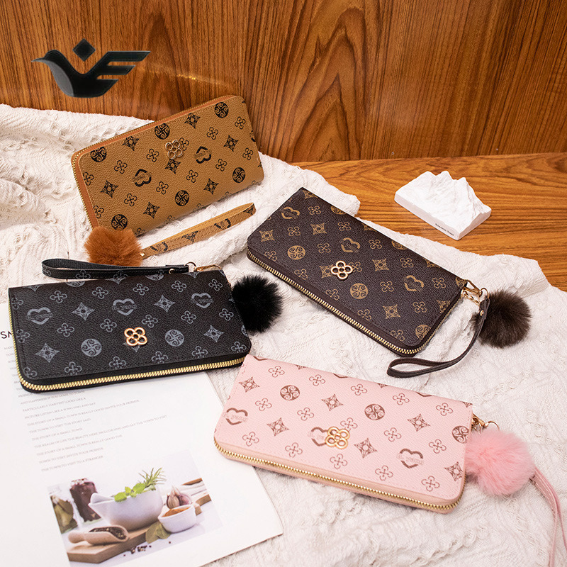 Feiyan Free Shipping New Designer Bag Luxury Shopping Bag Women's Wallet Fashion Printed Medium Long Clutch Trendy Girl Pom Pom Decorated Coin Pu