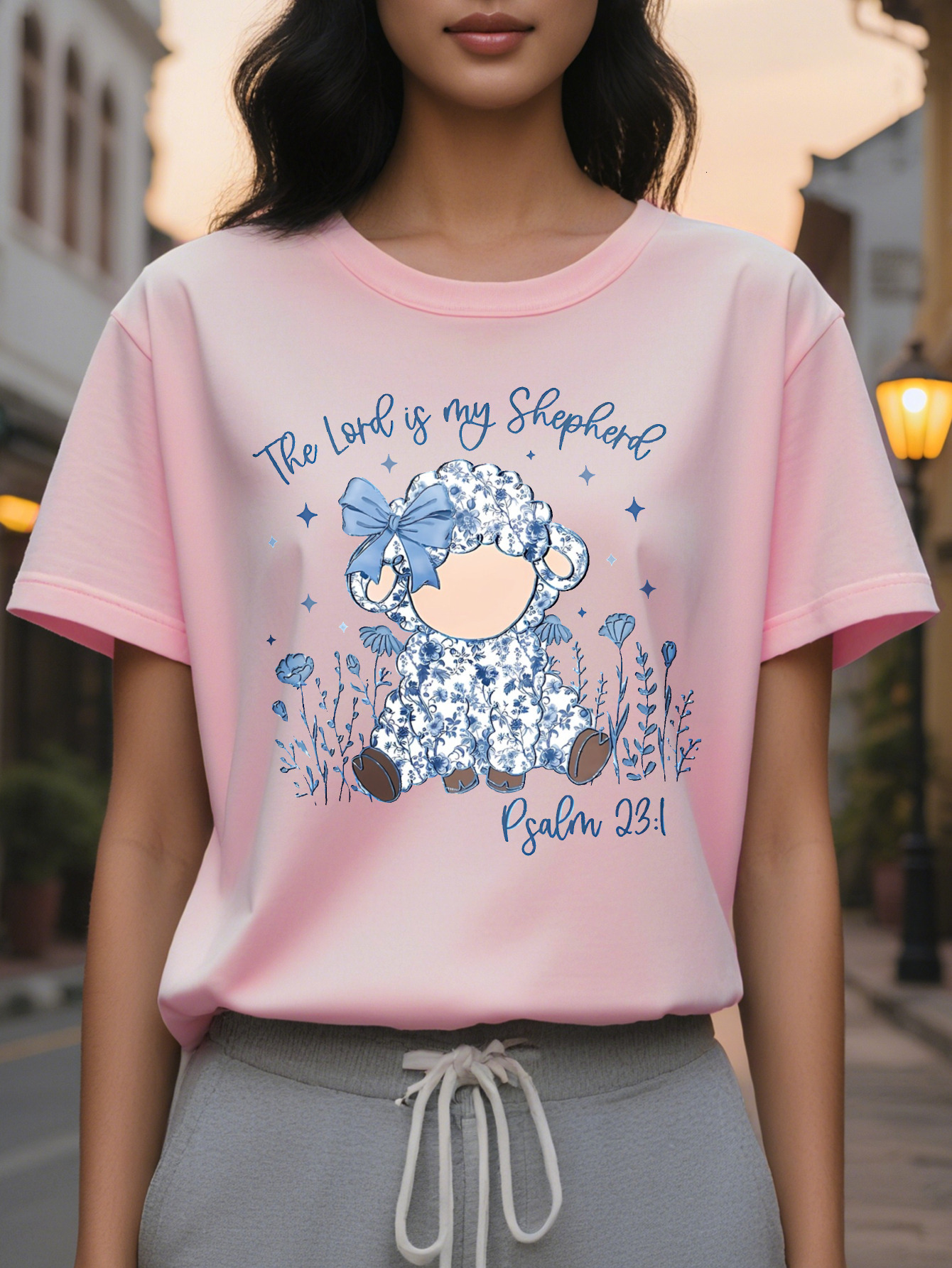 Women S Light Blue The Lord is my Shepherd T-Shirt Christian Faith Graphic Short Sleeve Round Neck SpringSummer
