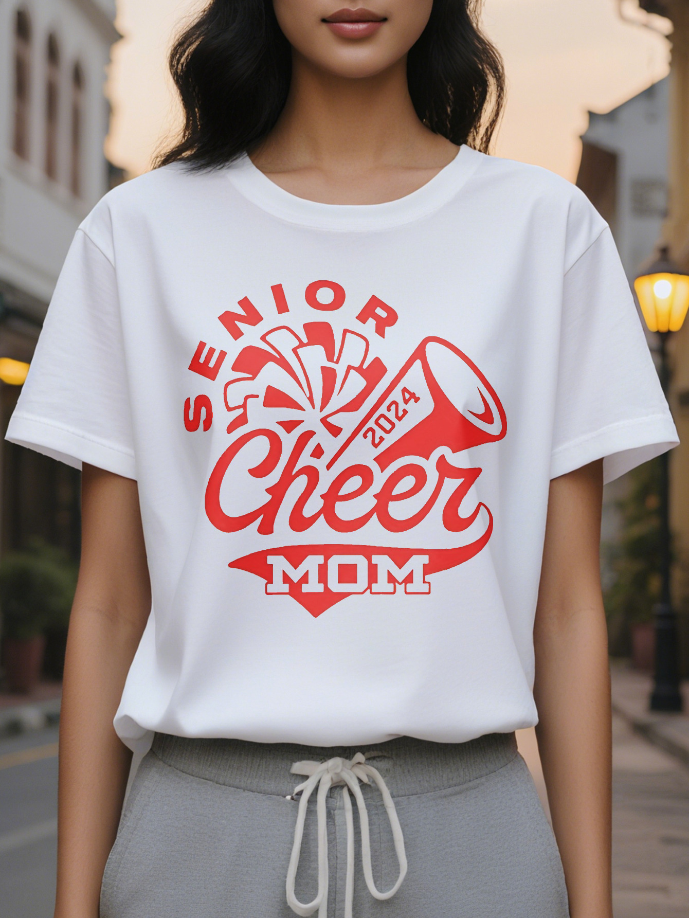 Large XL Stylish Senior Cheer Mom Graphic Women Casual Crew Neck Soft Cotton Washable Perfect for All Seasons Plus Size