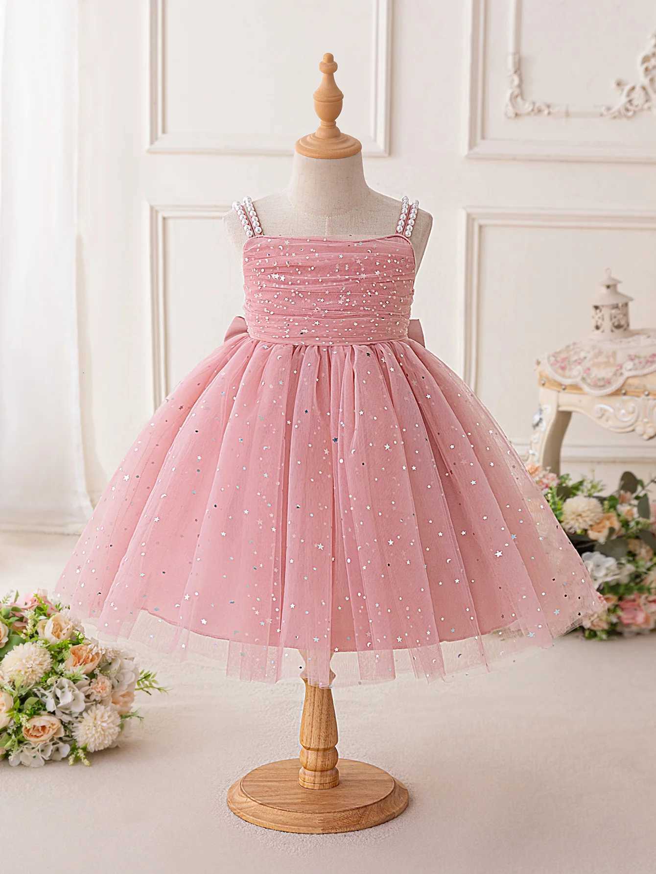 Elegant Shining Sequin Party Girl Dress Fashion Tulle Princess Birthday Prom Dresses for Kids Wedding Bridesmaid Evening Costume Z250904