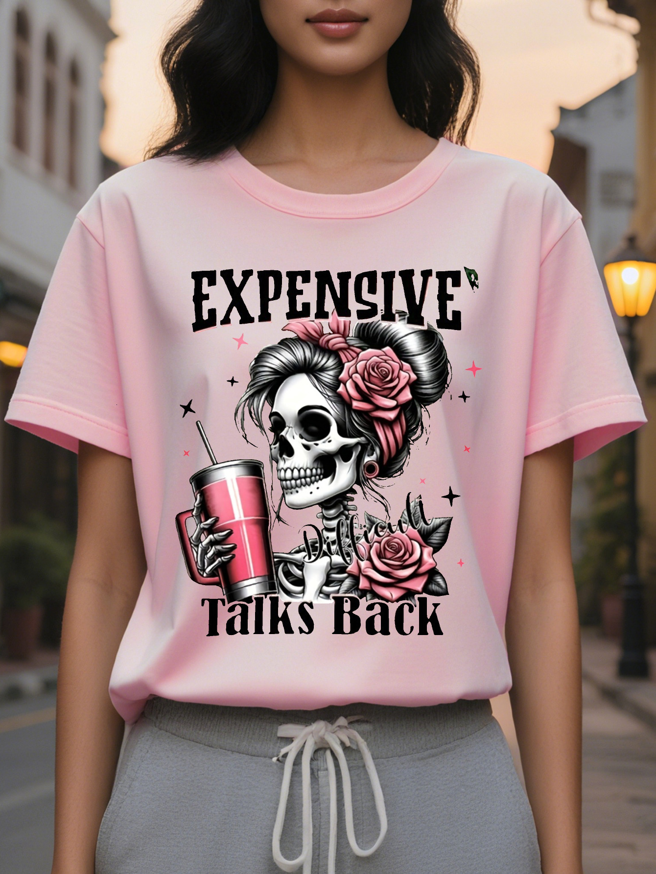 Women s Casual Graphic T Shirt with Bold Expensive Talks Back Print Edgy Skull Design Cotton High Washable