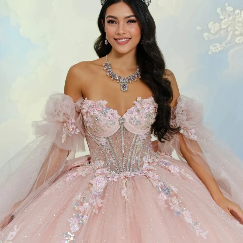 Pink Shiny Quinceanera Dresses Ball Gown Off The Shoulder Applique Lace Beads Tiered Tull Sweet 16 Dress Vestidos 15 De Anos