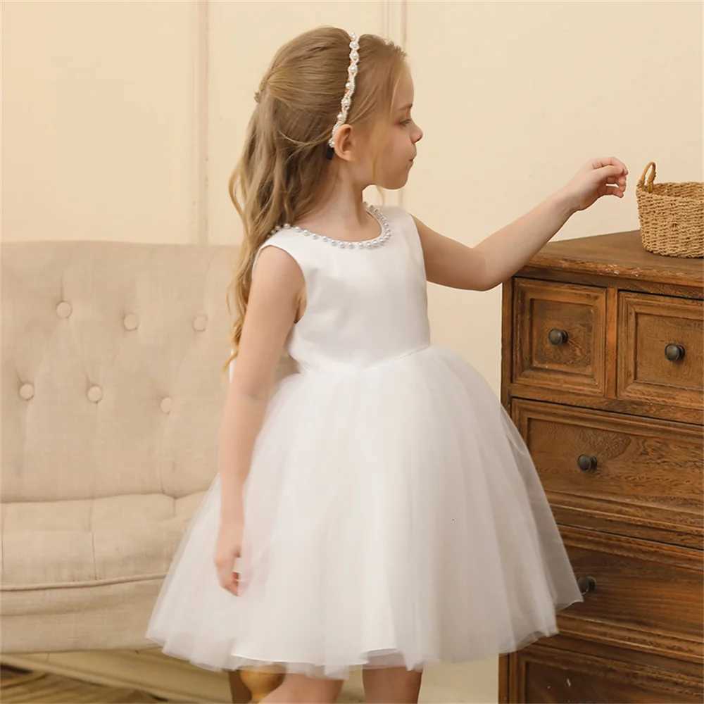 Summer Girls Lace Dresses For Kids 2-8 Year Flower Birthday Tulle Pearls Dress Backless Bow Princess Wedding Gown For Children Z250904