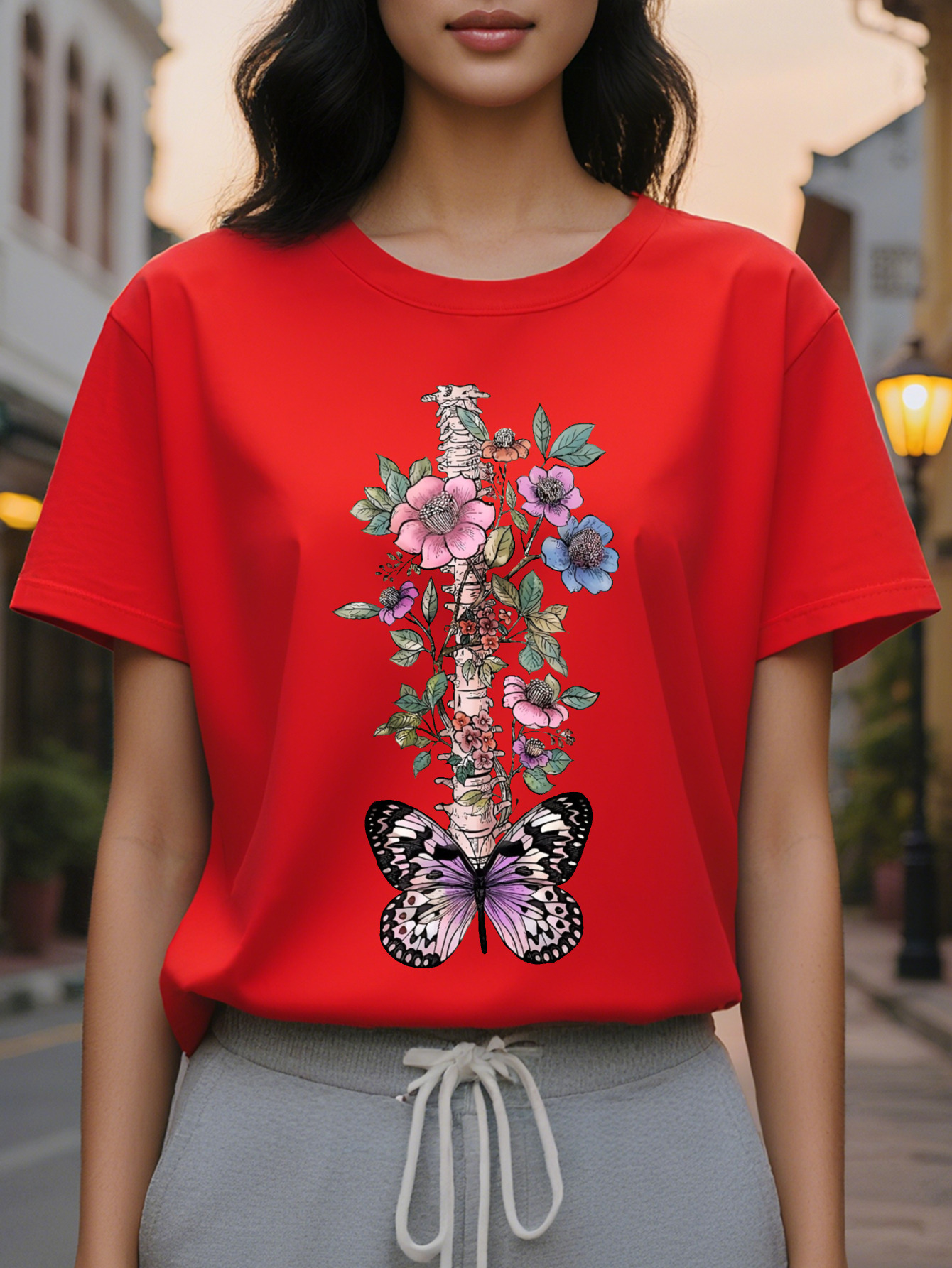 Women S Floral Print T-Shirt Casual Round Neck Short Sleeve Lightweight Cotton SpringSummer Collection Green