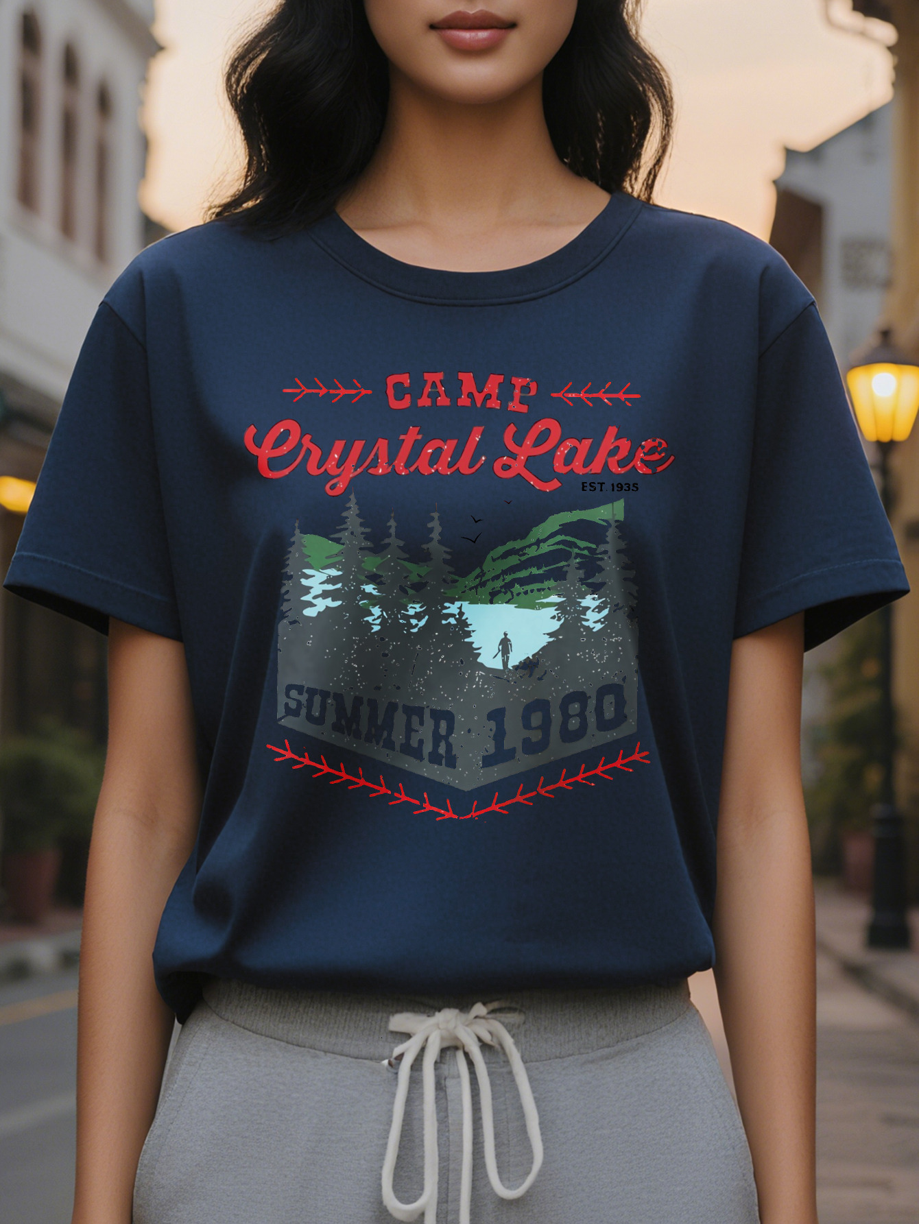 Large XL Vibrant Crystal Lake Camp Printed Round Neck T-Shirt Dress Women's Summer Combination Version Relaxed Fit Breathable Plus Size