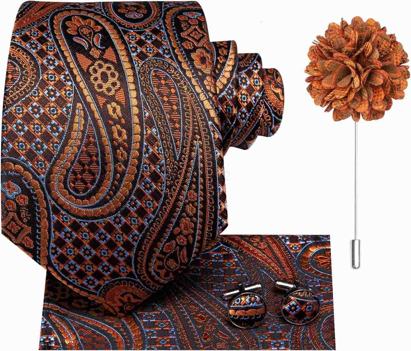 Men Silk Ties Set with Flower Lapel Pin Necktie Pocket Square Cufflinks for Tuxedo Wedding BusinessW250904