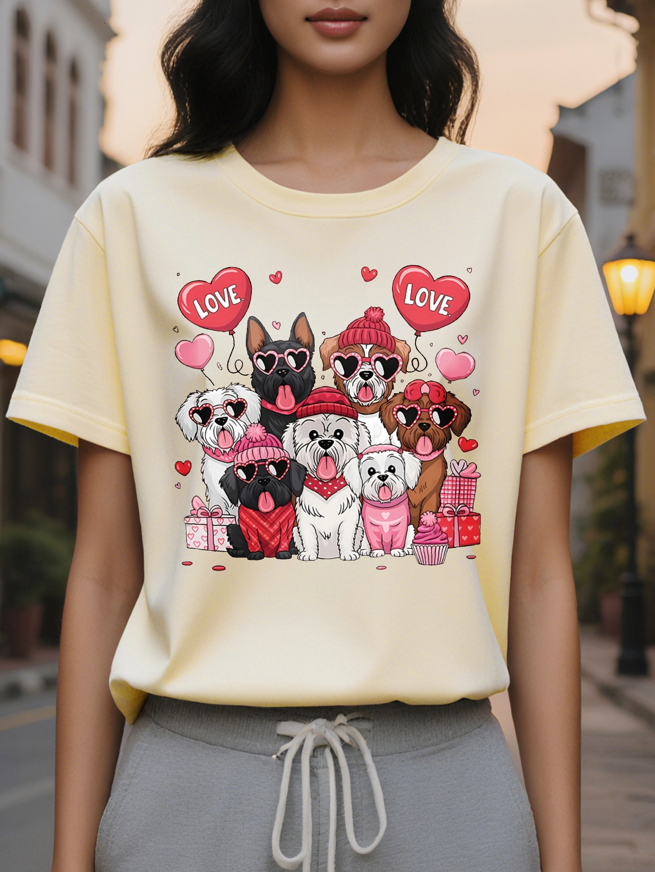Love Puppy Graphic Print T-shirt Casual Short Sleeve Crew Neck Top for Spring Summer Women's Clothing