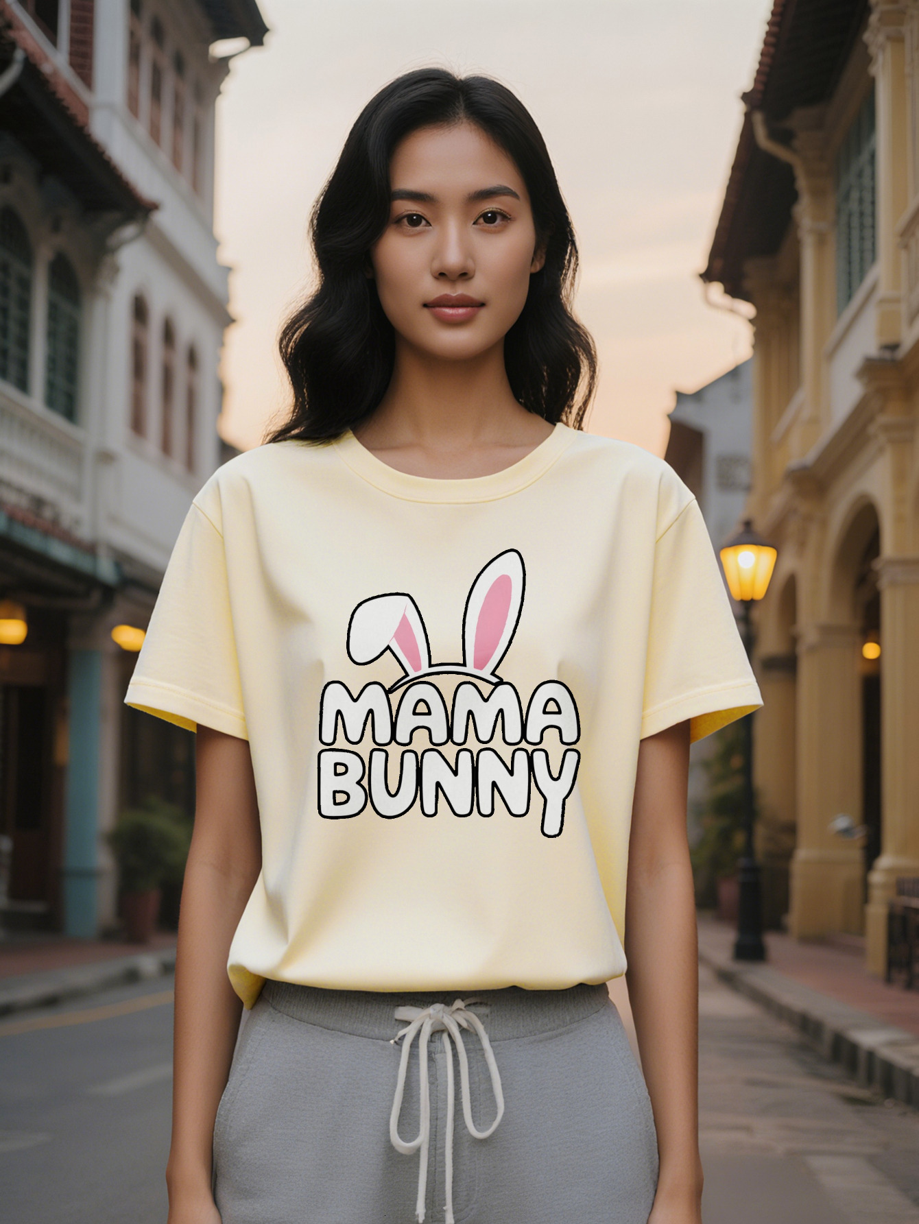 Lady Casual Short Sleeve T Shirt Black Mama Bunny Graphic Print Round Neck Summer Tee Hine Washable Regular