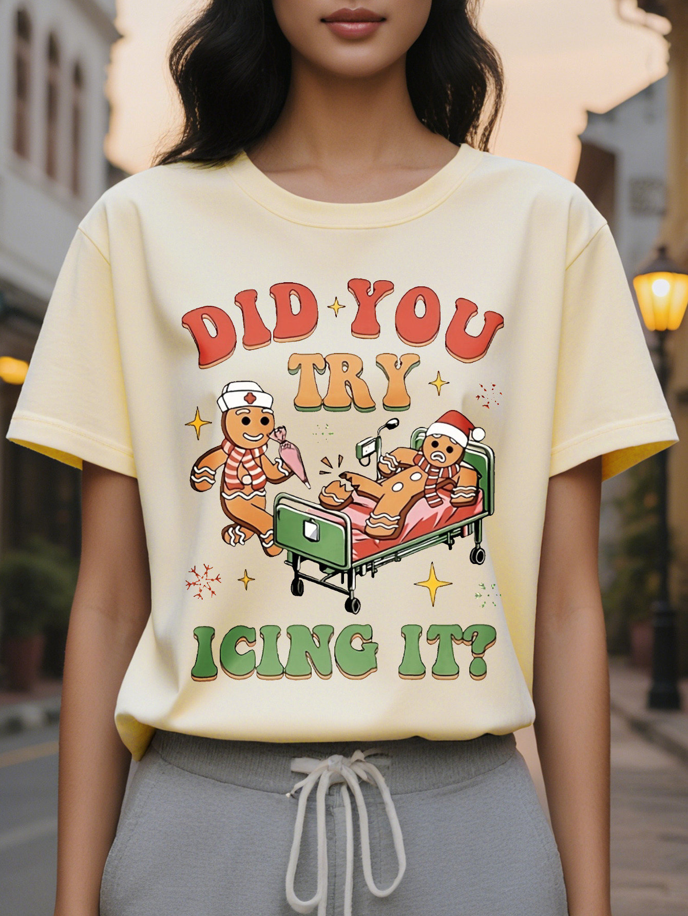 Women S Cozy Crew Neck Sweatshirt with Festive Gingerbread Santa Graphic Soft Cotton Holiday Themed Design