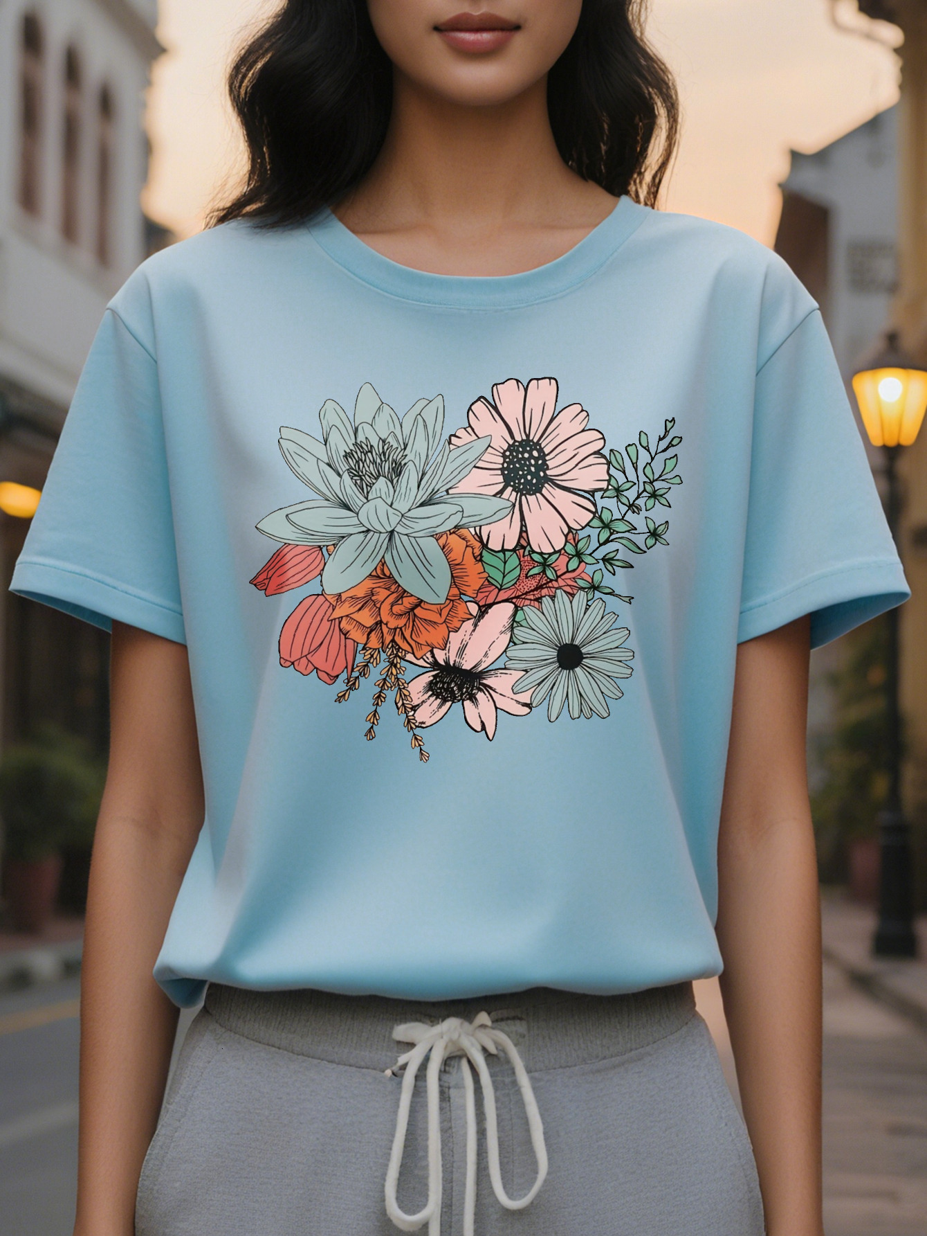 Large XL Women's T-Shirt Beige Blush Pink Floral Print Soft Casual Top Washable Round Neck Shirt for Women All Seasons Plus Size