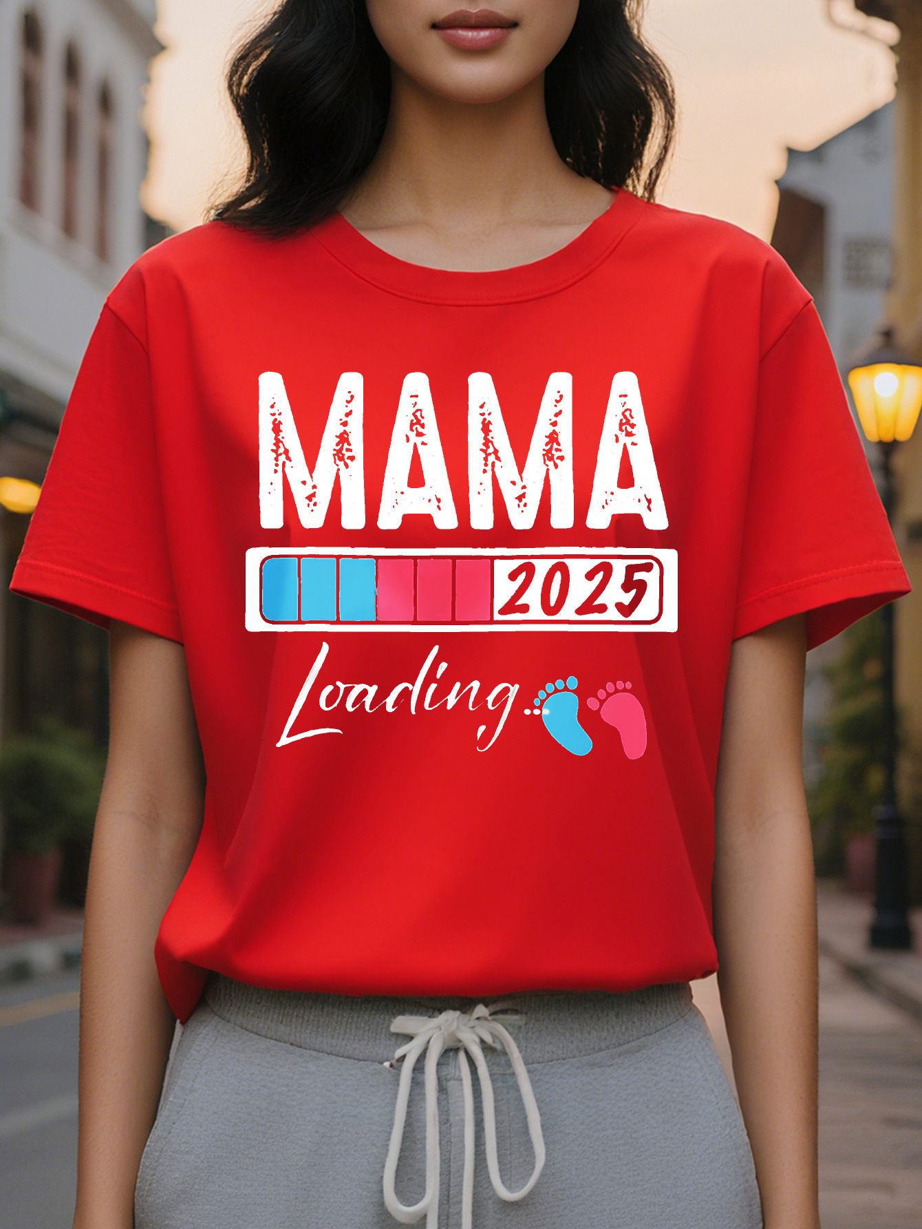 Large XL Women's Casual Short Sleeve Round Neck T-Shirt MAMA Leading Print Heather Gray Washable All Season Plus Size