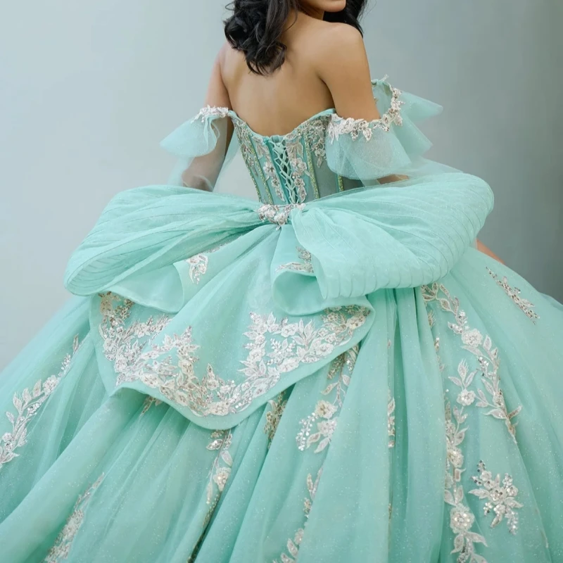 Mint Green Shiny Quinceanera Dresses Ball Gown Off The Shoulder Applique Lace Beading Crystal With Cape Tull Sweet 16 Dress Vestidos 15 Anos