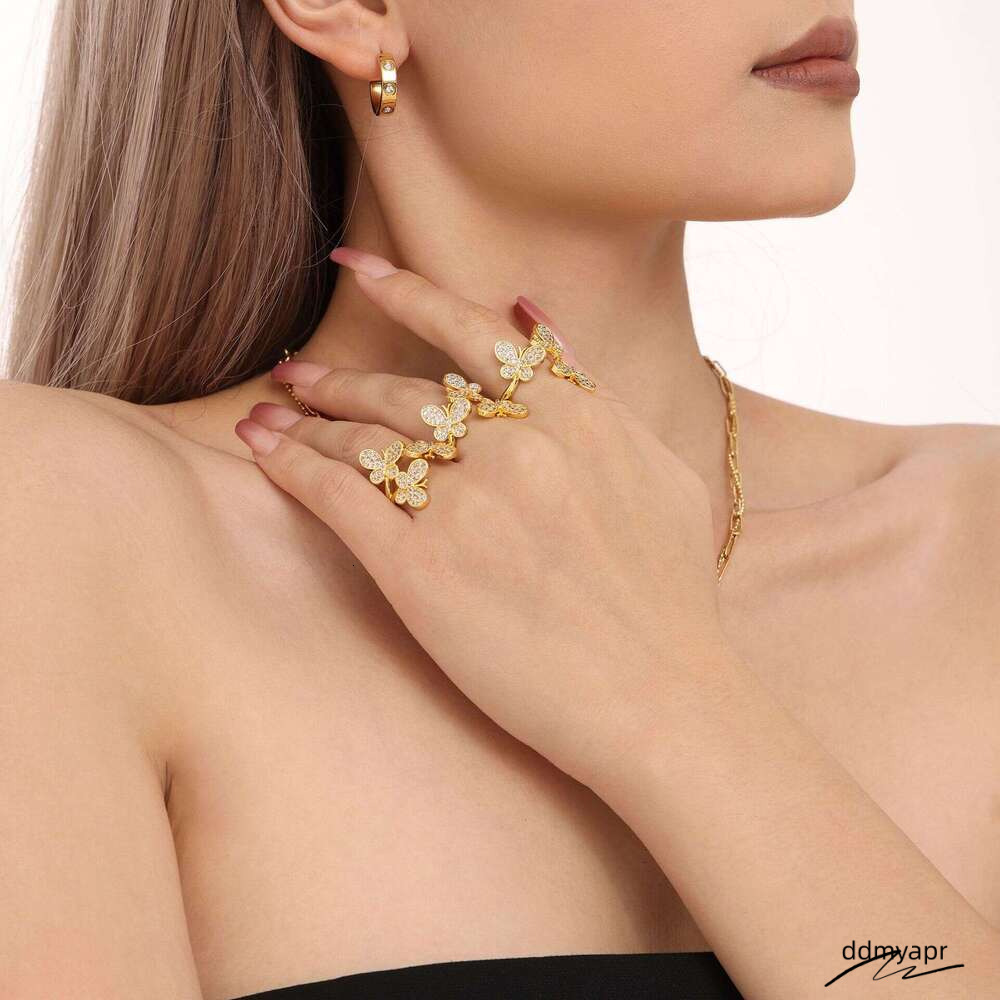 Ddmyday Gold Plated Butterfly - Open Adjustable CZ Flower Ring For Women | Dainty Bohemian Stackable Jewelry (Size 7) Ddmyday