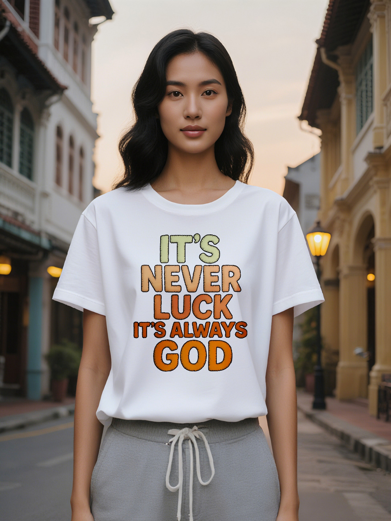Large XL Women's Casual T-Shirt with Inspirational Never Luck It's Always God Print Black Orange Light Green Lettering Soft Plus Size