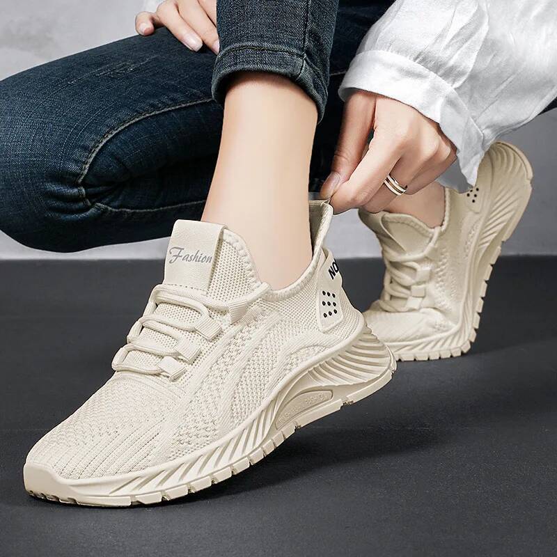 Women Lace Up Running Sporty Outdoor Beige Fabric Sneakers Comfort Lightweight Non Slip Athletic Shoes for Gym Work Casual ddmysaturn