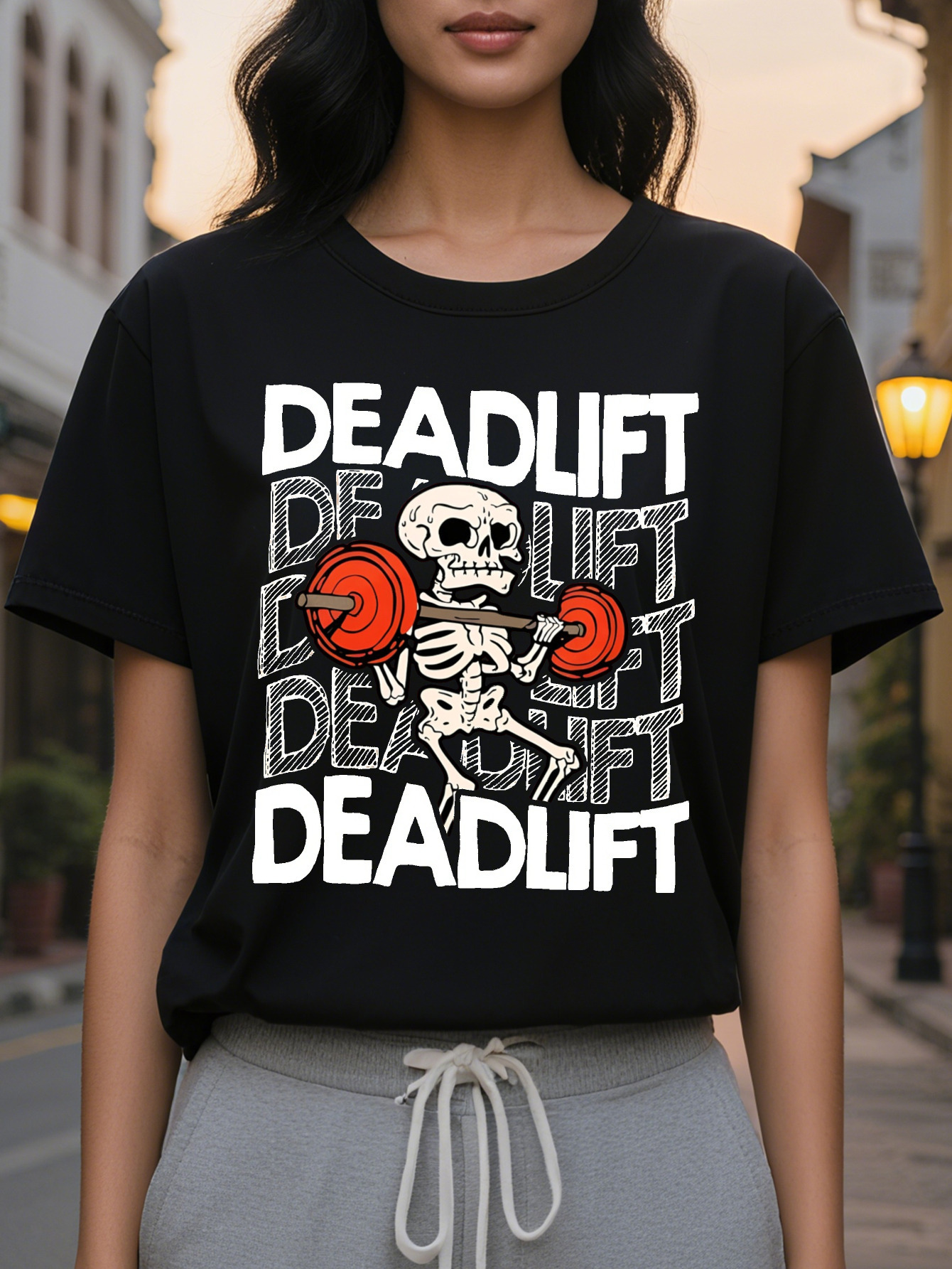 Women s Funny Humor T Shirt Olive Green Deadlift Skeleton Tee Lightweight Round Neck Top for Casual Outfits