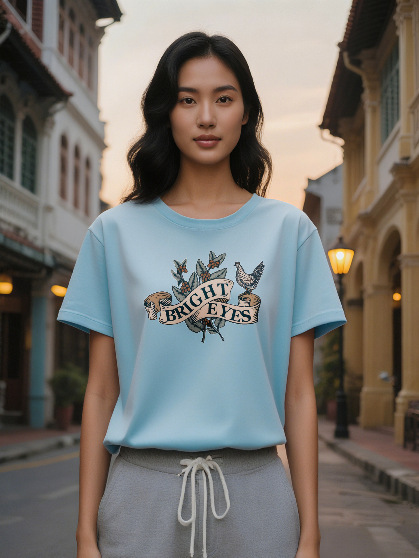 Short Sleeve T-Shirt with BRIGHT EYES Floral Bird Graphic Print Black Round Neck Summer Top, Washable Regular