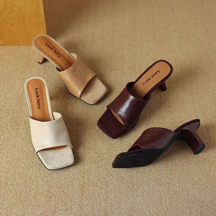 Soft Sheepskin One-Strap Slippers Designer Shoe for Women, Summer New Genuine Leather Squ Toe Open-Toe Sandals with Thin High Heels