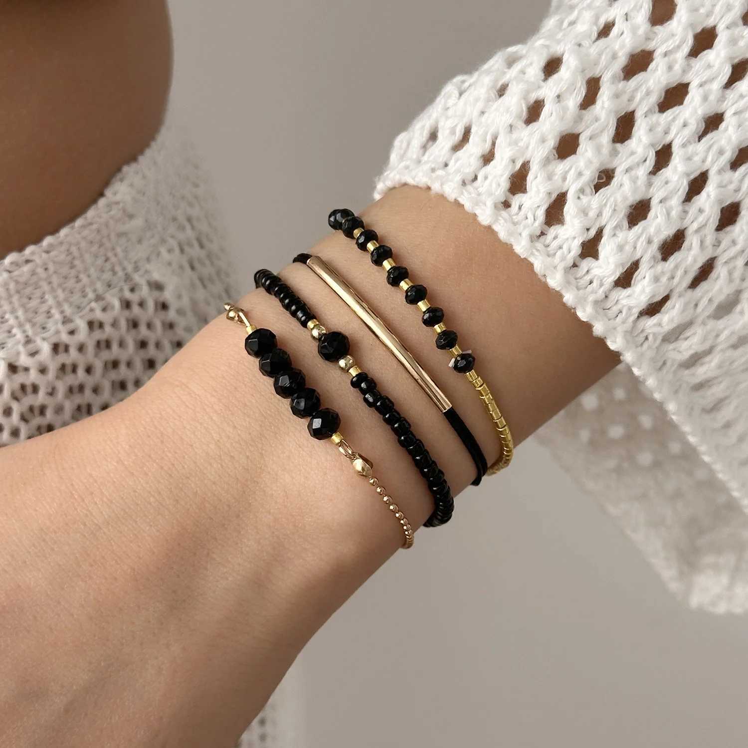 Handmade Black Glass Stone Bracelet Set For Women Bohemian Multilayer Stacked Rice Beaded Link Chain Bangle Fashion Jewelry W250904
