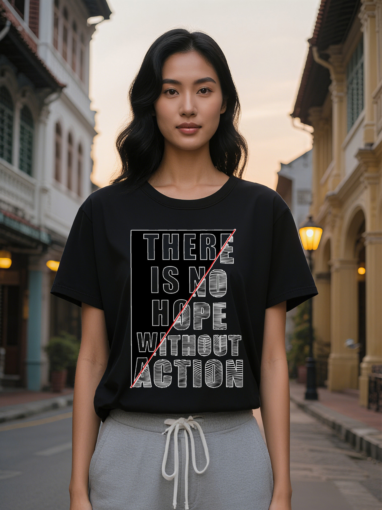 Large XL Casual Graphic T-Shirt with No Hope Without Action Motivational Print Black White Bold Lettering Round Neck Regular Plus Size