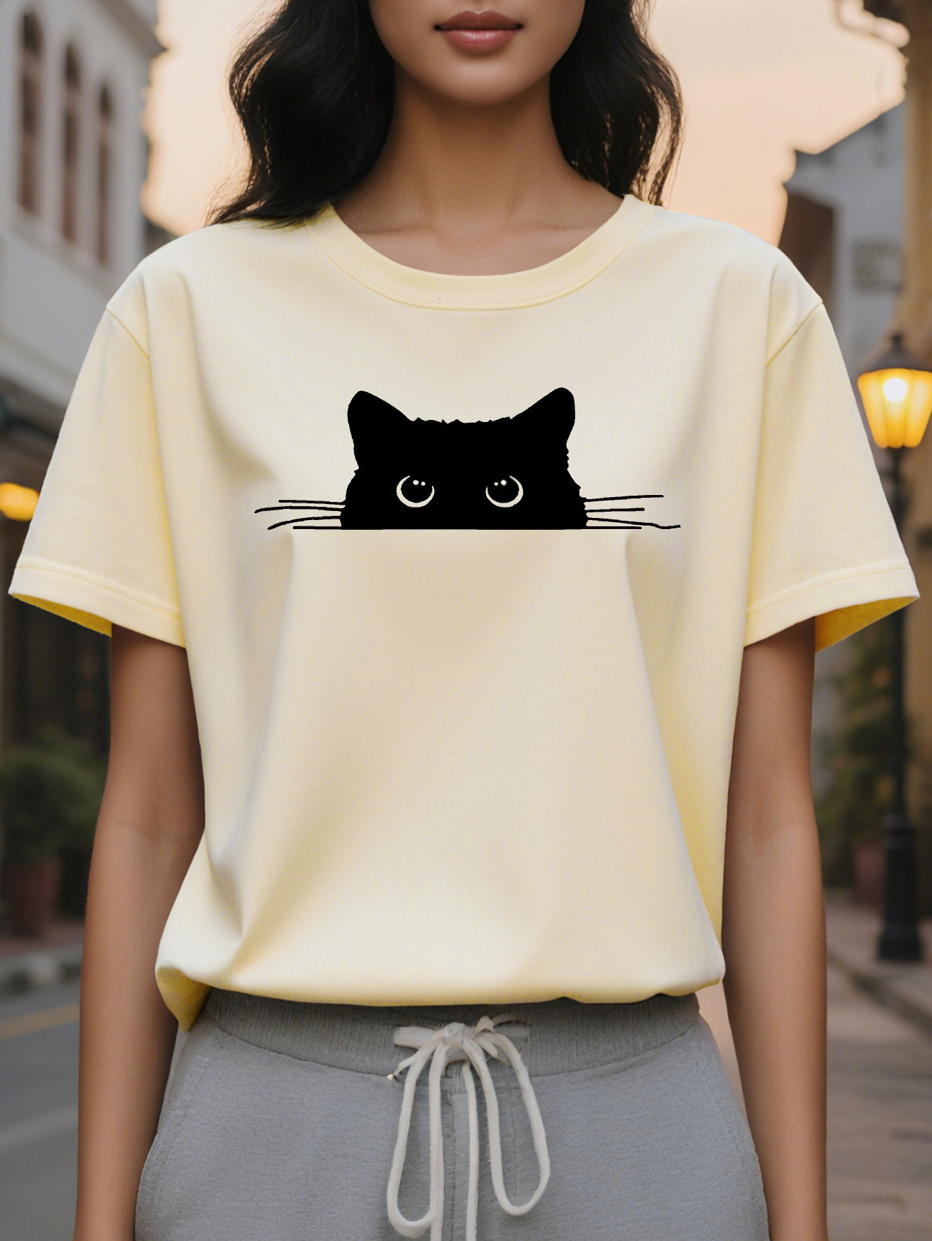 Cat Print T-Shirt Short Sleeve Round Neck Casual Top Summer And Spring Women