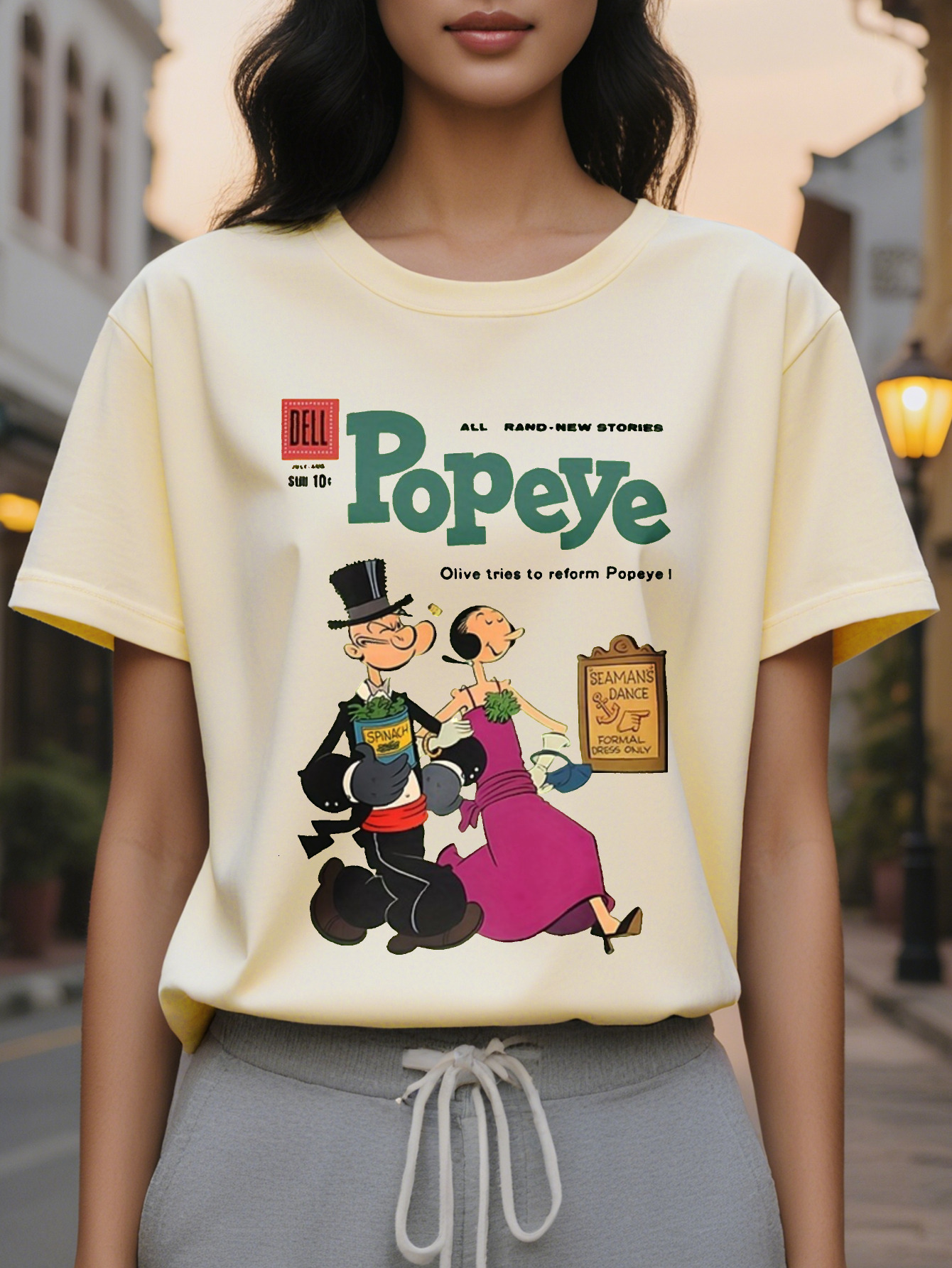 DesktopKoningsdag Women's Green Lemon Boba Pattern T-shirt Retro Cartoon Printed Short Sleeve Round Neck Casual Top