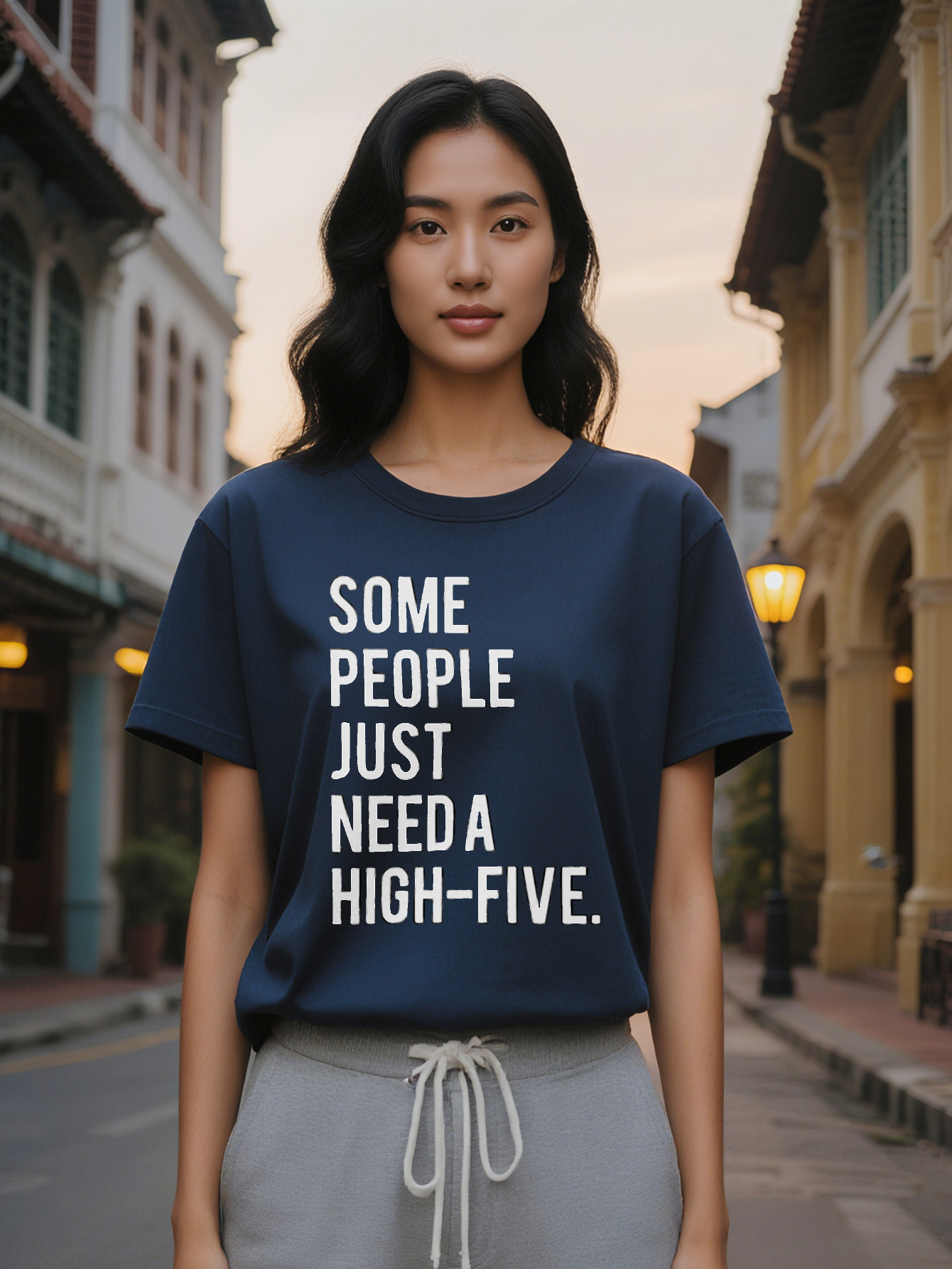 Large XL Lady Black Casual Crew Neck T-Shirt with White High Five Letter Print Soft Regular Fit Perfect Gift for Him Plus Size