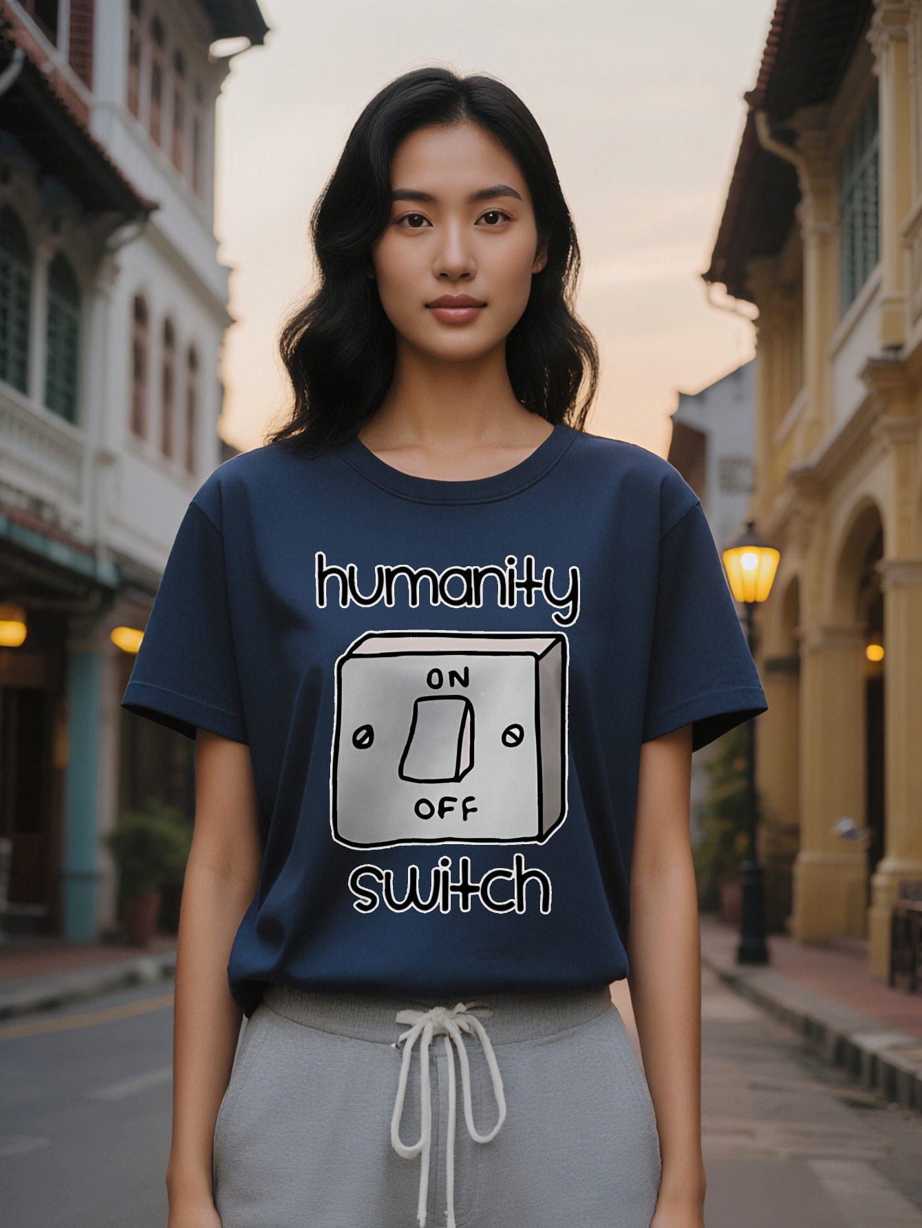 Large XL Women's Casual Crew Neck T-Shirt with HUMANITY ONOFF Light Switch Print Black Short Sleeve Summer Tee Perfect Gift for Plus Size