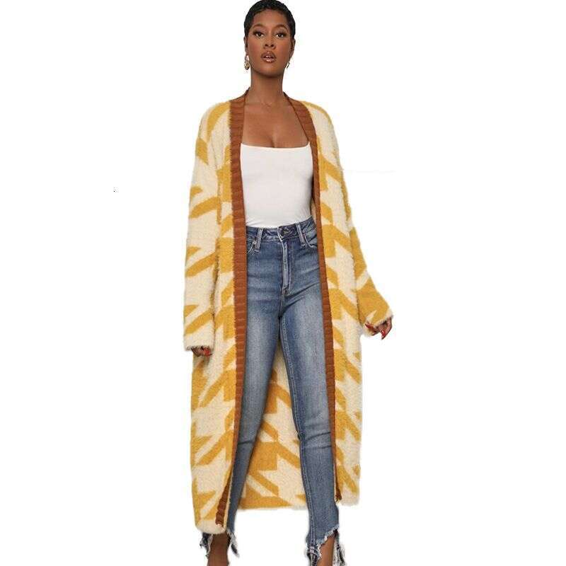 Women's Thousand-Bird Check Knitted Antarctic Veet Loose Cardigan Coat